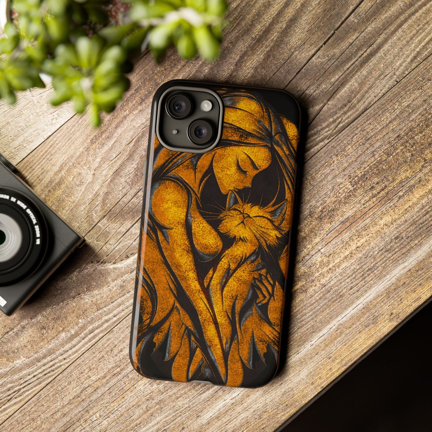 Phone Tough Case, Woman Hugging Cat, Gold on Black, Gift for Cat Lovers, Protective Case, Mobile Accessories