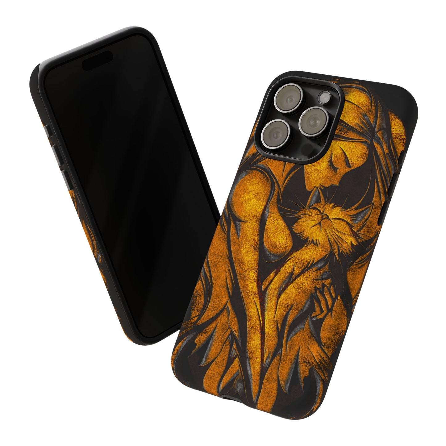 Phone Tough Case, Woman Hugging Cat, Gold on Black, Gift for Cat Lovers, Protective Case, Mobile Accessories