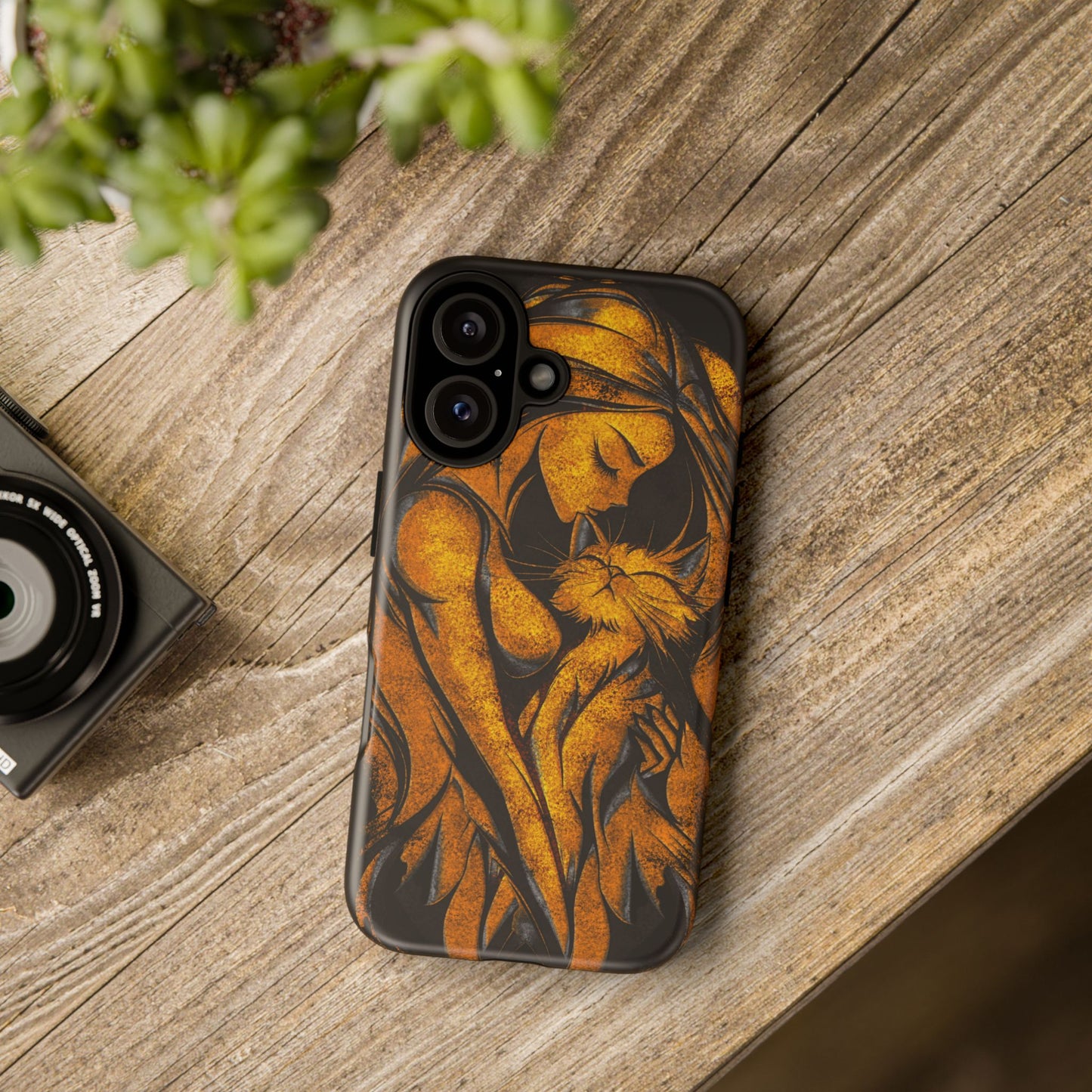 Phone Tough Case, Woman Hugging Cat, Gold on Black, Gift for Cat Lovers, Protective Case, Mobile Accessories