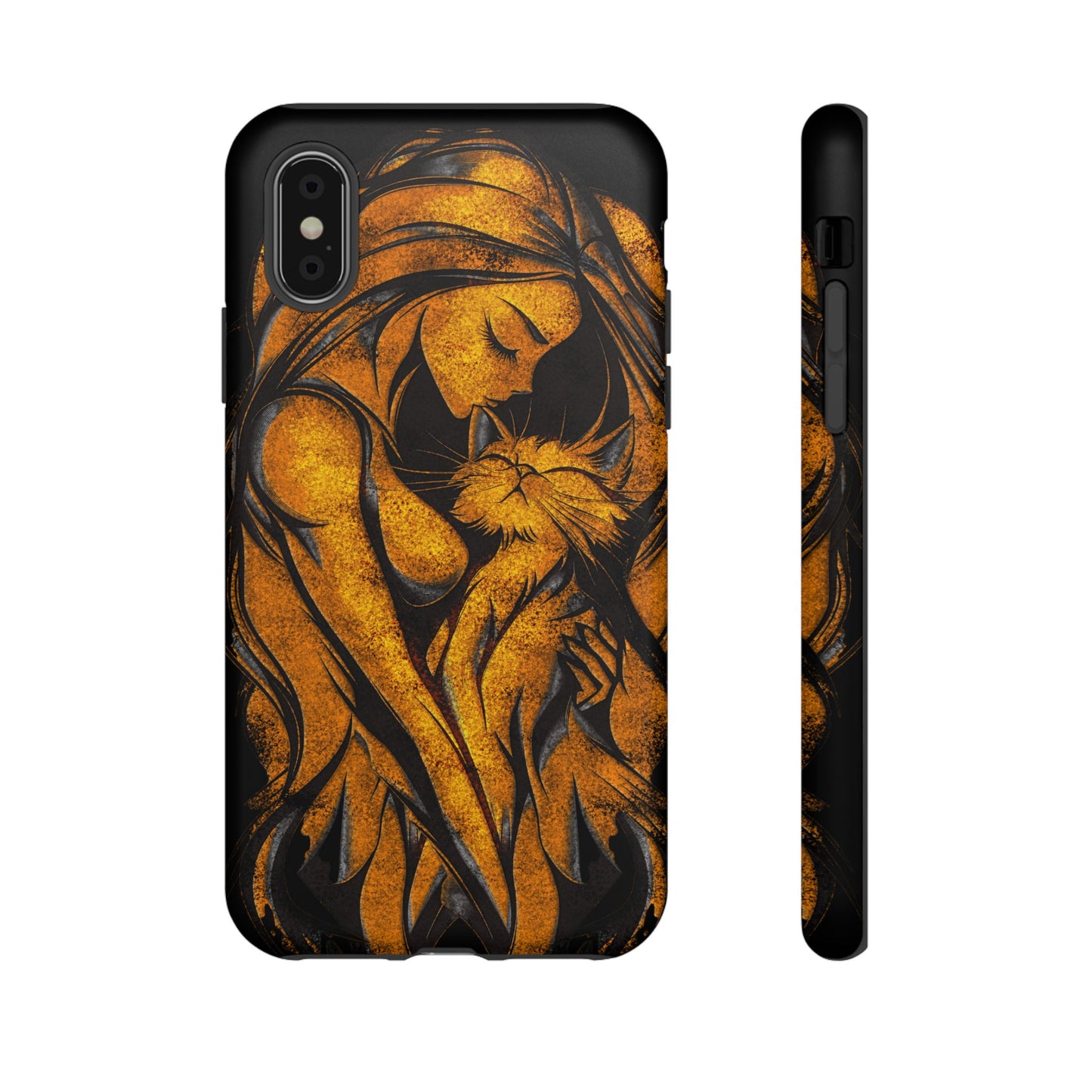 Phone Tough Case, Woman Hugging Cat, Gold on Black, Gift for Cat Lovers, Protective Case, Mobile Accessories