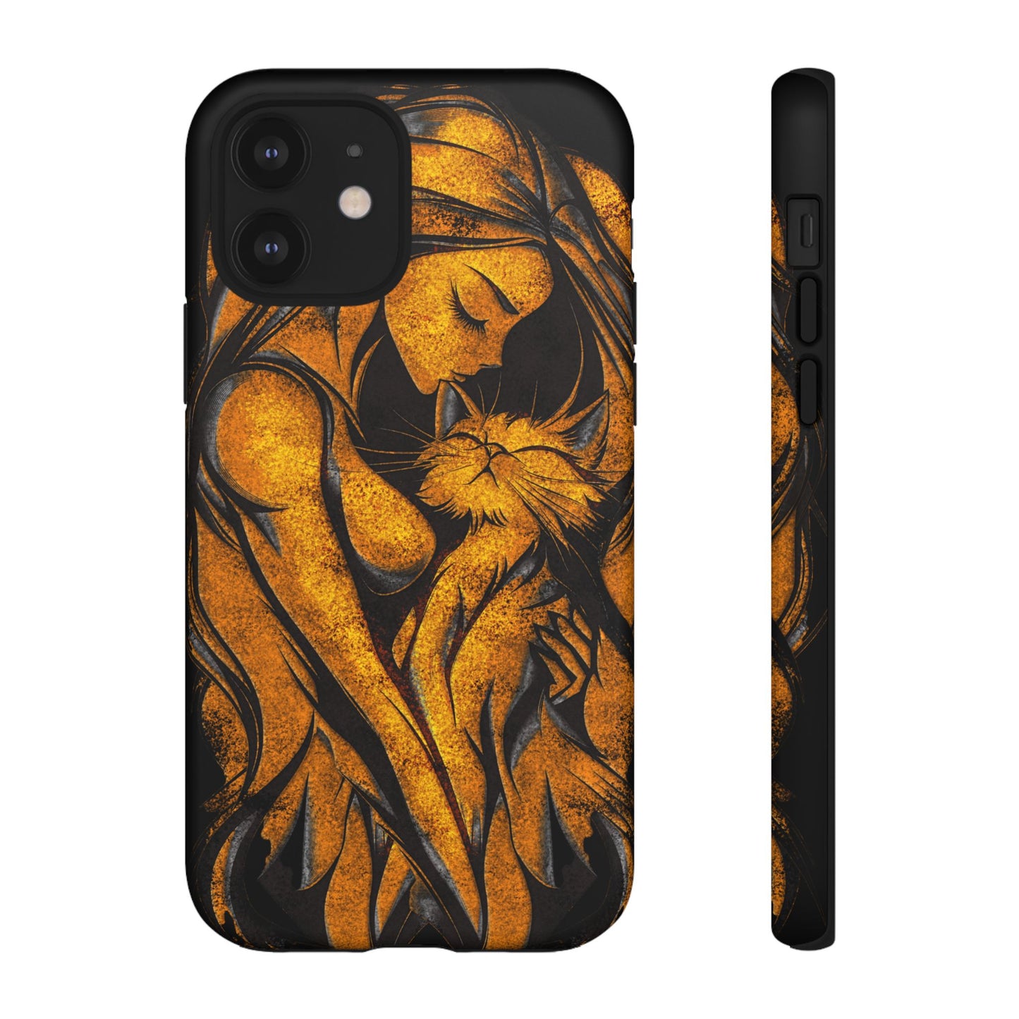 Phone Tough Case, Woman Hugging Cat, Gold on Black, Gift for Cat Lovers, Protective Case, Mobile Accessories