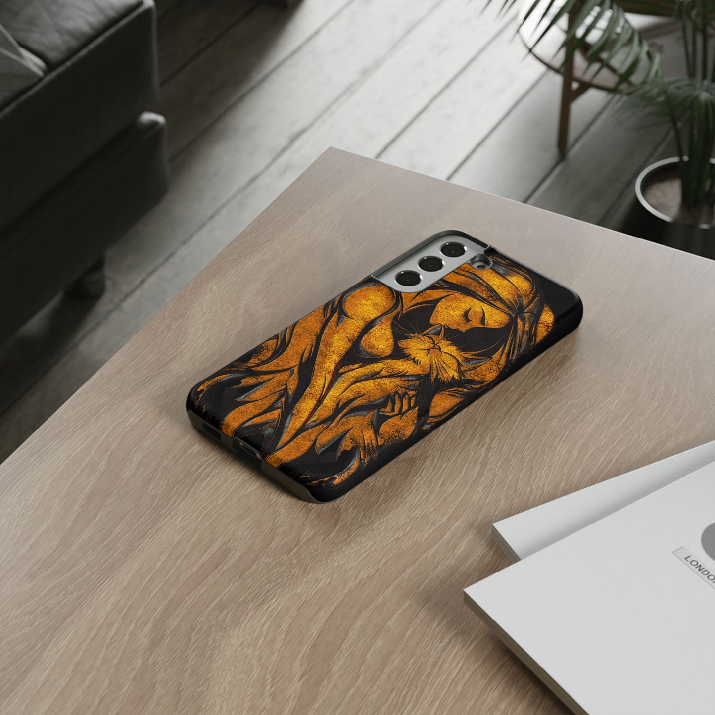 Phone Tough Case, Woman Hugging Cat, Gold on Black, Gift for Cat Lovers, Protective Case, Mobile Accessories