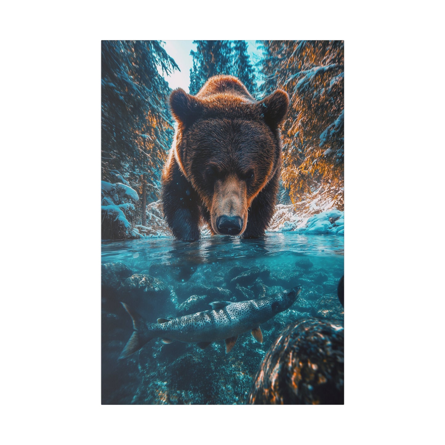 A Vertical Canvas Print of - A Bear Fishing in Winter.