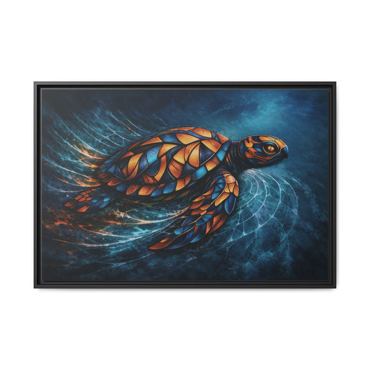 Framed Canvas Art — Celestial Current – Stained Glass Sea Turtle