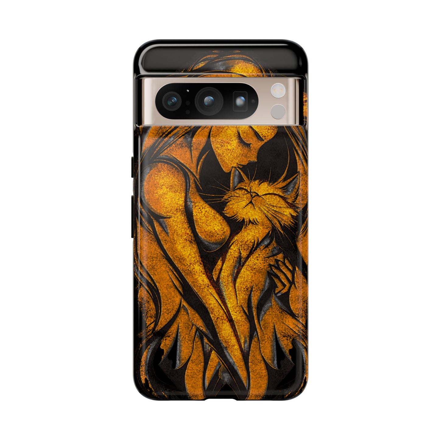 Phone Tough Case, Woman Hugging Cat, Gold on Black, Gift for Cat Lovers, Protective Case, Mobile Accessories