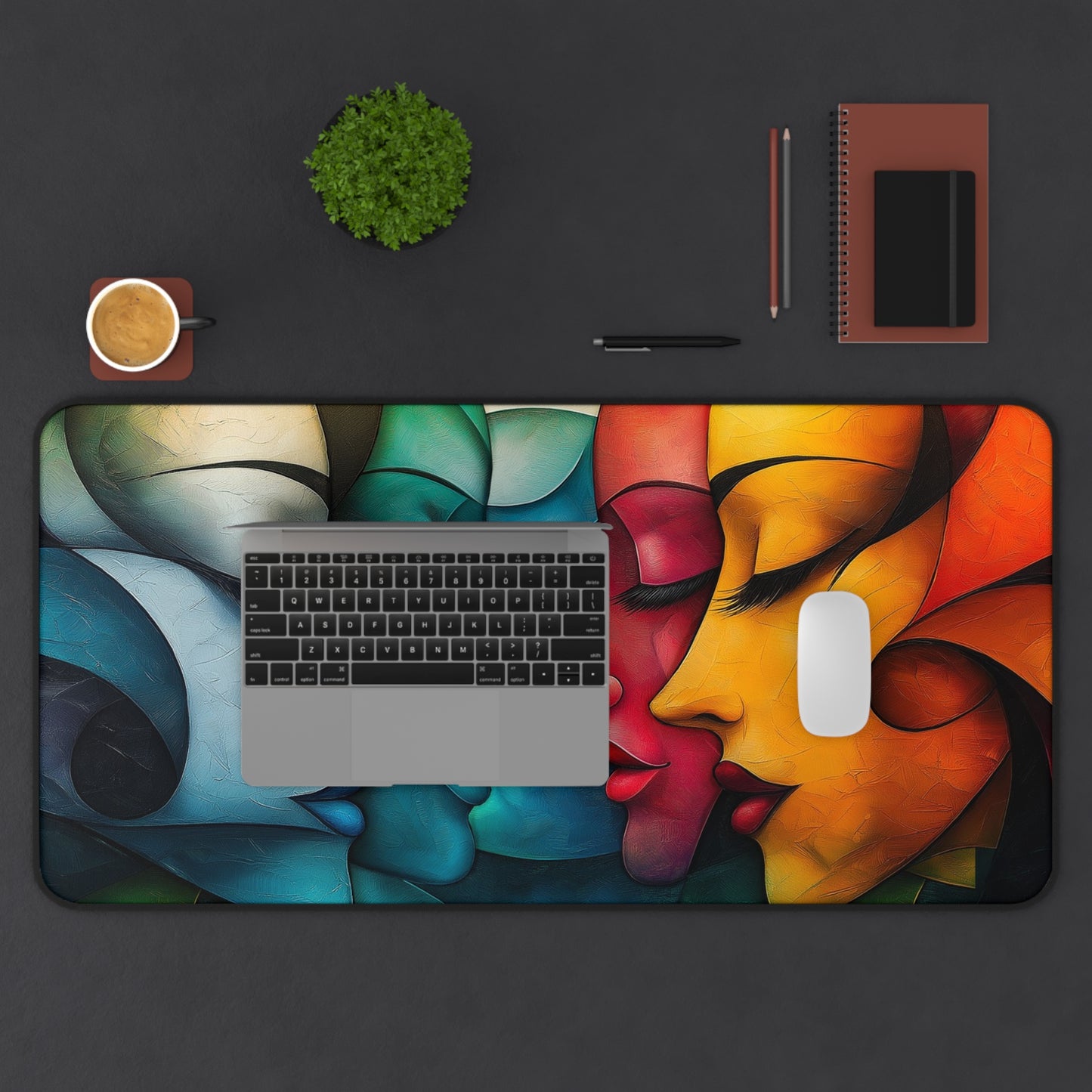 Faces Desk Mat, Faces in an Abstract Cubistic Design for Office Desk Decor, Mouse Pad Table Protector, Gaming Mouse Pad.