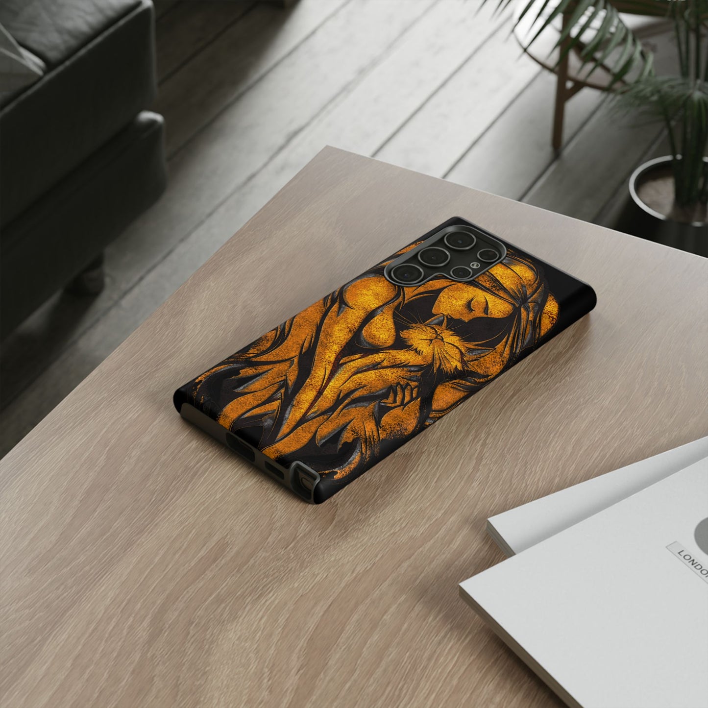 Phone Tough Case, Woman Hugging Cat, Gold on Black, Gift for Cat Lovers, Protective Case, Mobile Accessories