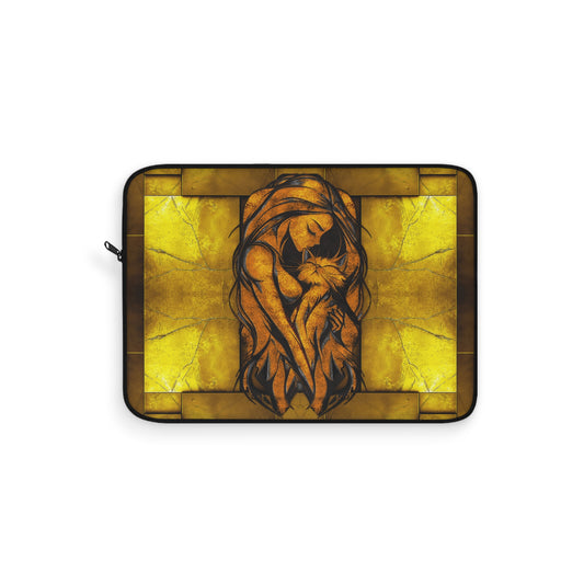 Golden Woman Hugging a Cat Laptop Sleeve - Stylish Tech Accessory, Protective Computer Cover, Cat Lover Gift, Cute Kitty Design, Fashionable