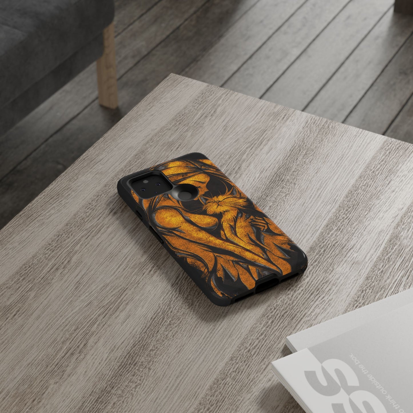 Phone Tough Case, Woman Hugging Cat, Gold on Black, Gift for Cat Lovers, Protective Case, Mobile Accessories