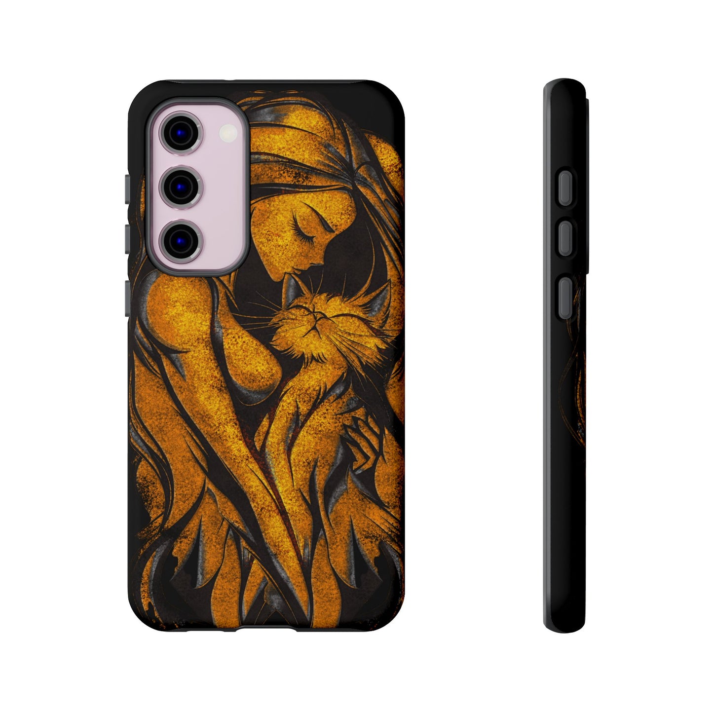 Phone Tough Case, Woman Hugging Cat, Gold on Black, Gift for Cat Lovers, Protective Case, Mobile Accessories