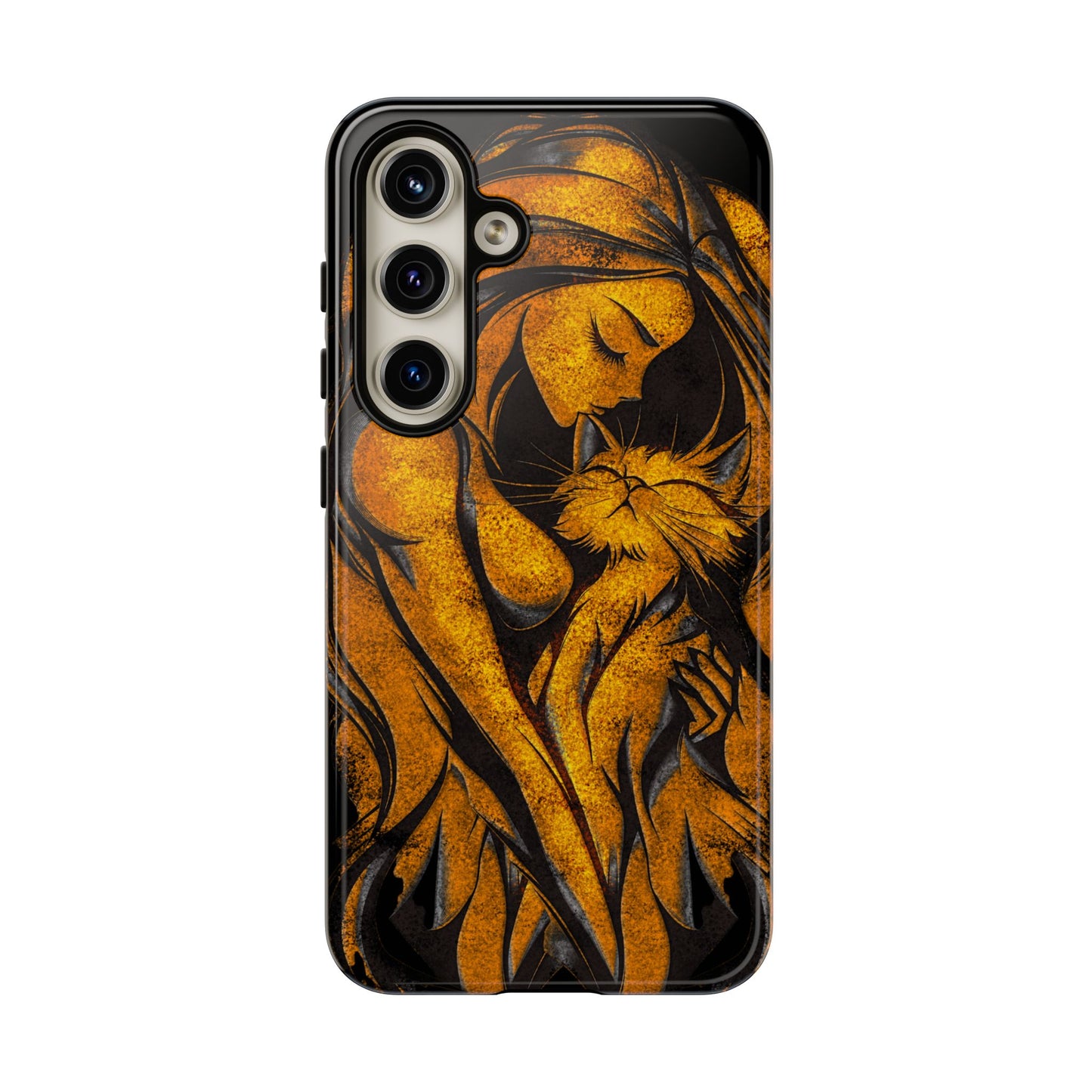 Phone Tough Case, Woman Hugging Cat, Gold on Black, Gift for Cat Lovers, Protective Case, Mobile Accessories