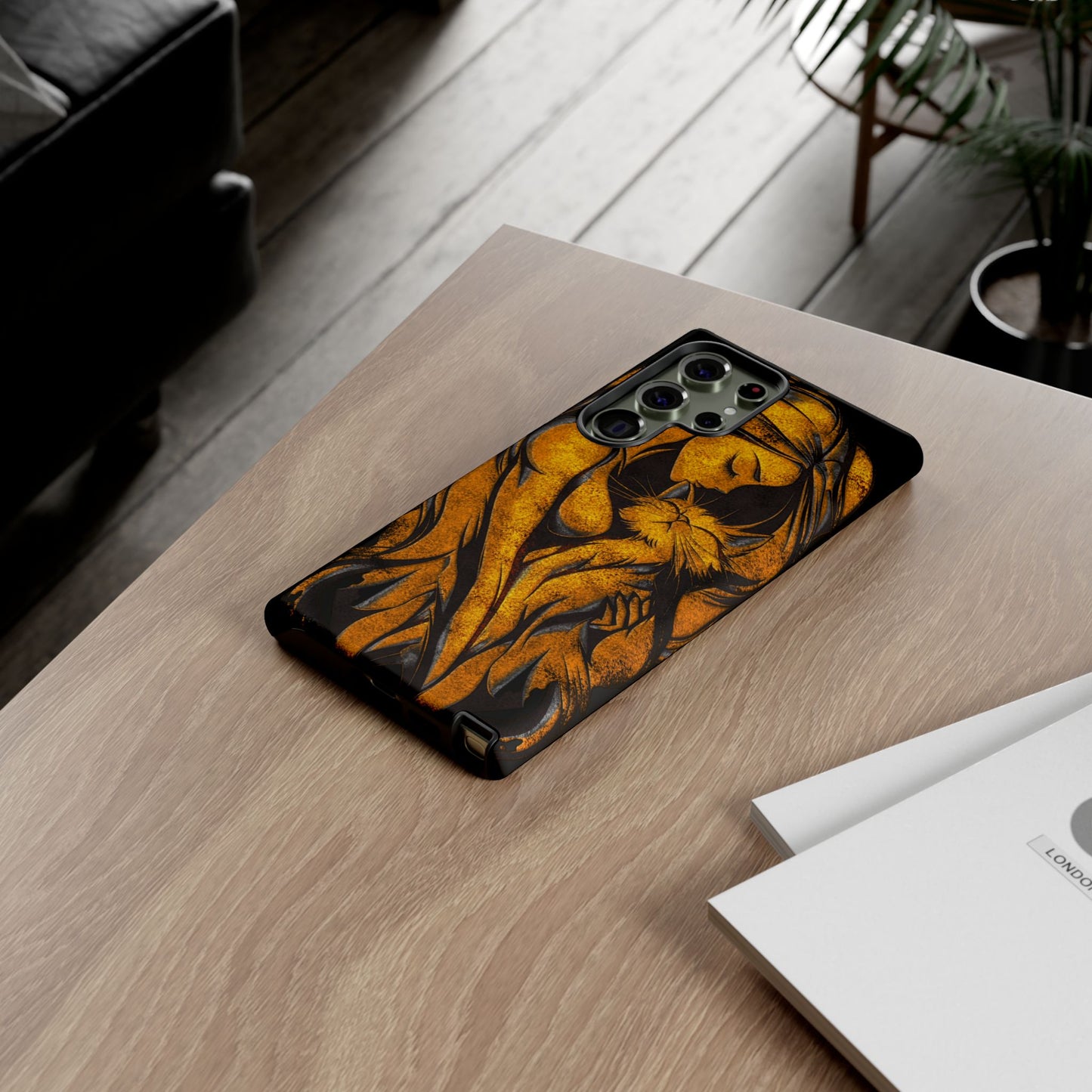 Phone Tough Case, Woman Hugging Cat, Gold on Black, Gift for Cat Lovers, Protective Case, Mobile Accessories