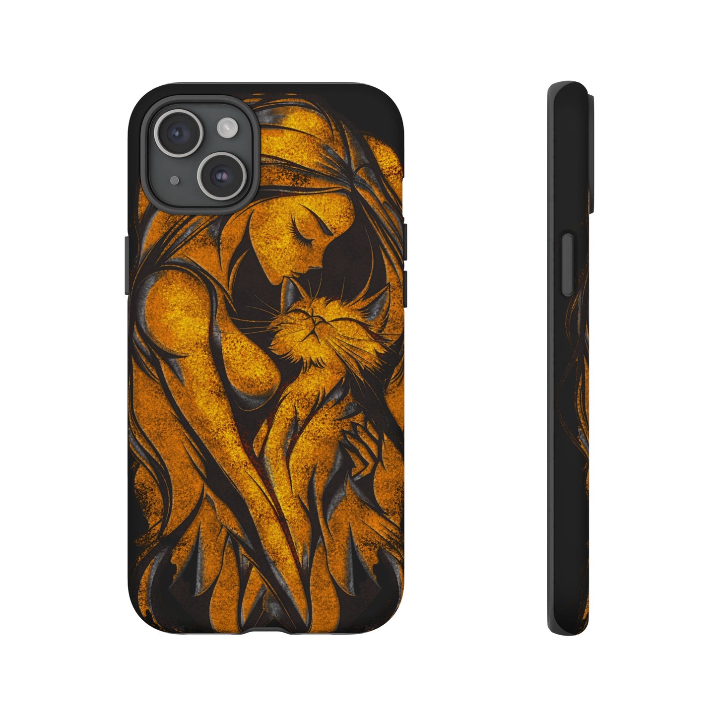 Phone Tough Case, Woman Hugging Cat, Gold on Black, Gift for Cat Lovers, Protective Case, Mobile Accessories