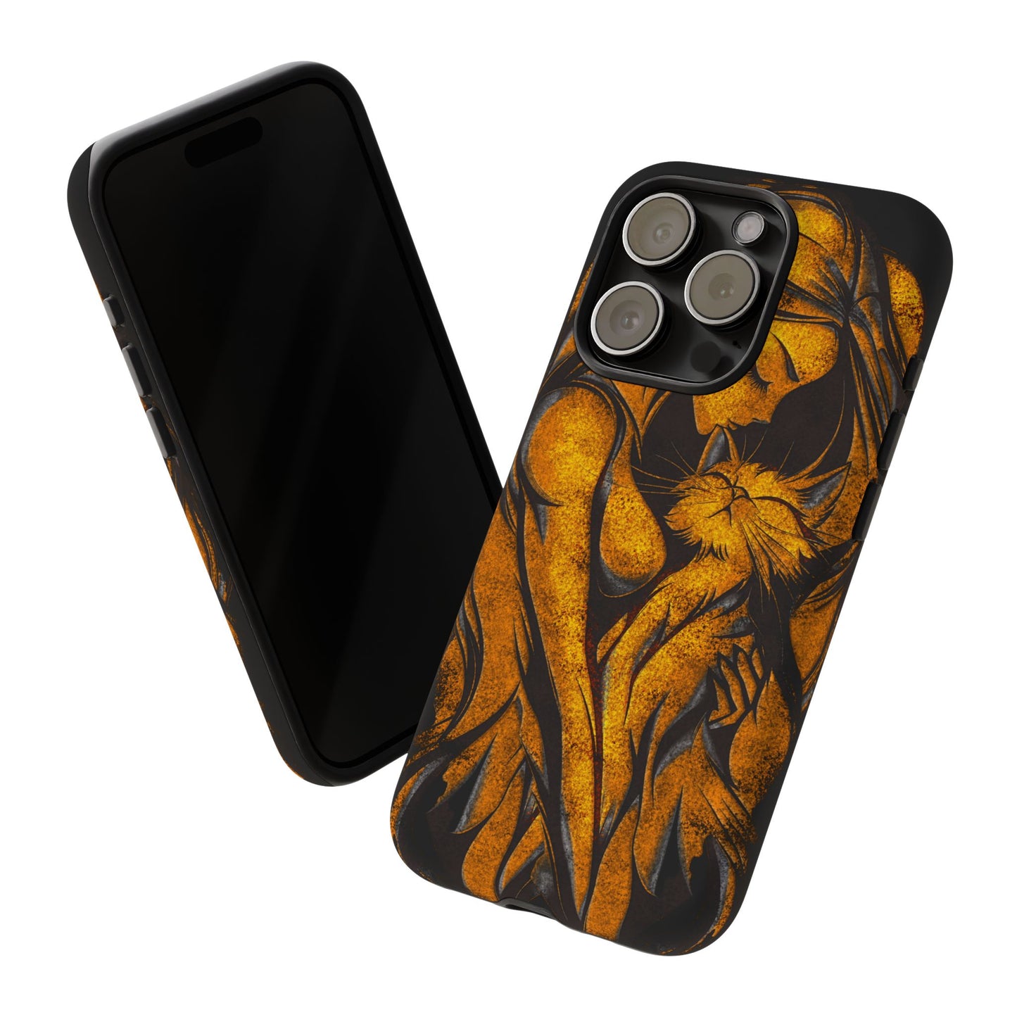 Phone Tough Case, Woman Hugging Cat, Gold on Black, Gift for Cat Lovers, Protective Case, Mobile Accessories