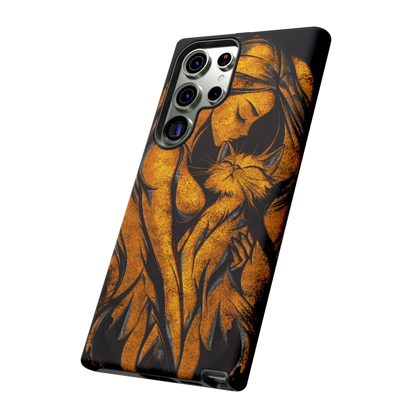 Phone Tough Case, Woman Hugging Cat, Gold on Black, Gift for Cat Lovers, Protective Case, Mobile Accessories