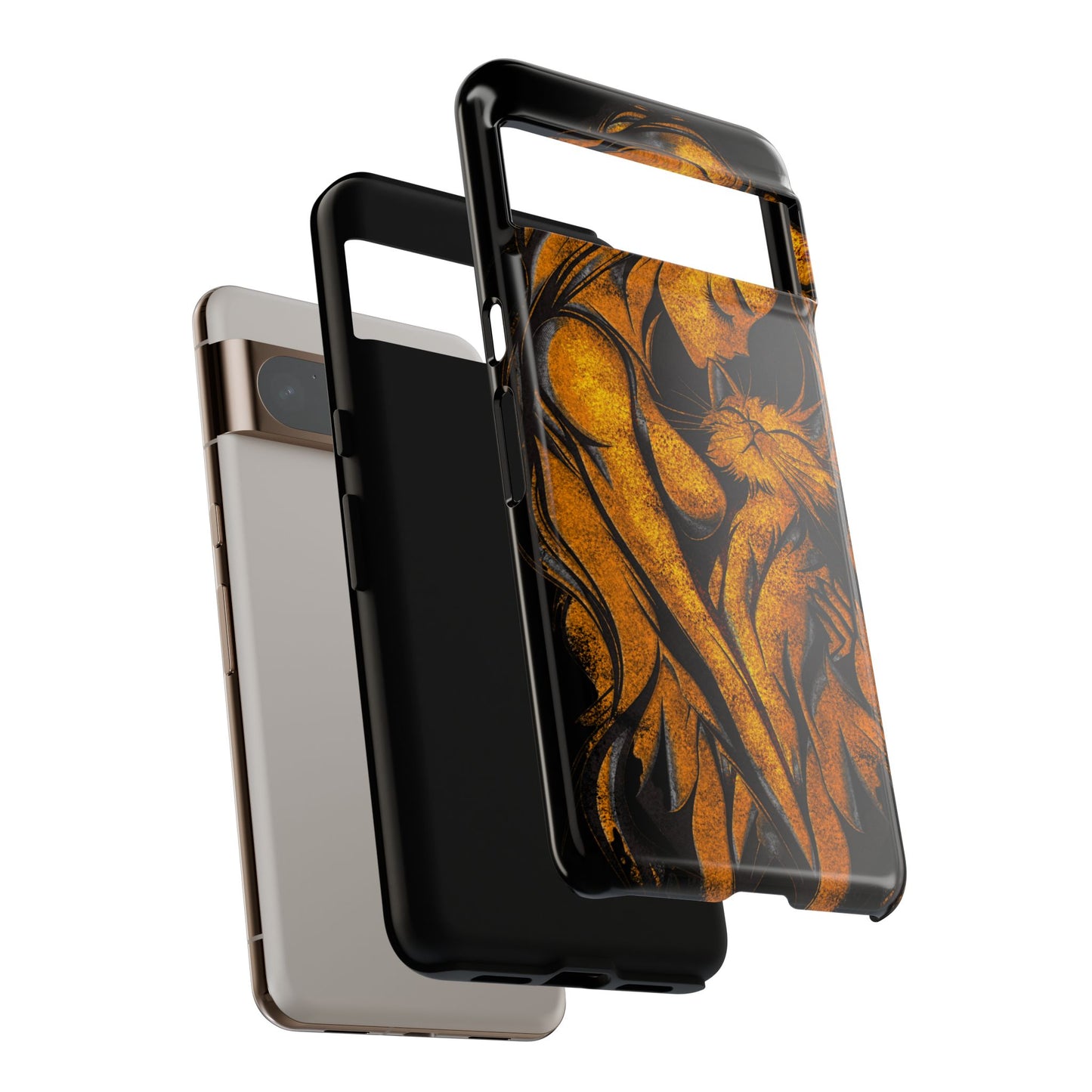 Phone Tough Case, Woman Hugging Cat, Gold on Black, Gift for Cat Lovers, Protective Case, Mobile Accessories