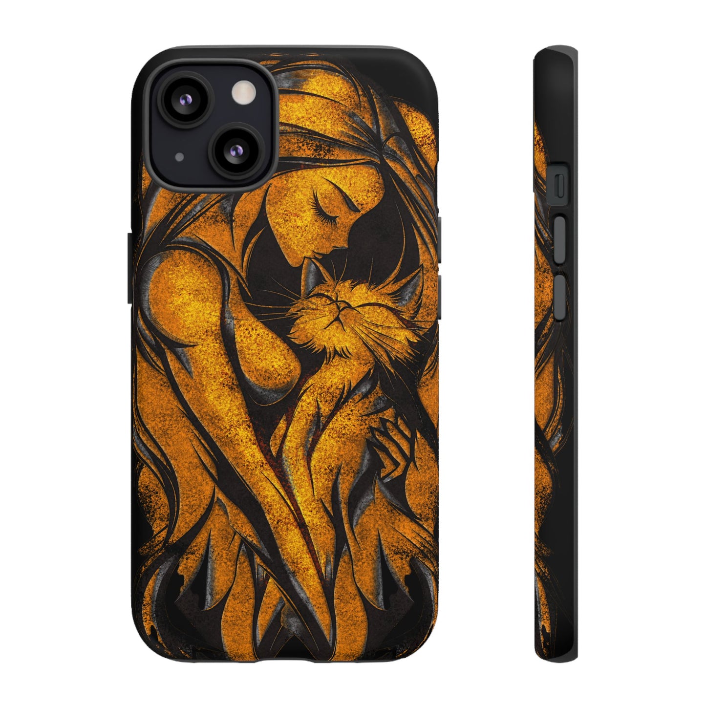 Phone Tough Case, Woman Hugging Cat, Gold on Black, Gift for Cat Lovers, Protective Case, Mobile Accessories