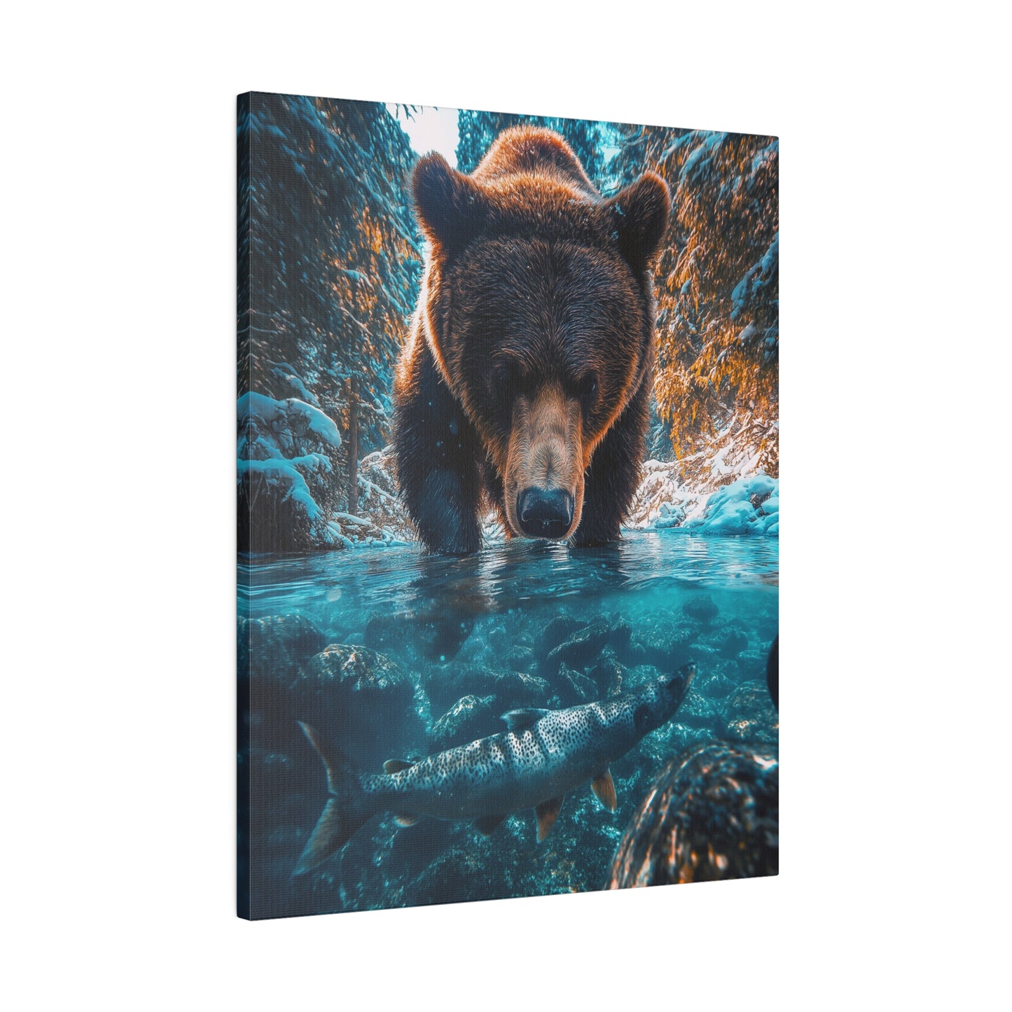 A Vertical Canvas Print of - A Bear Fishing in Winter.