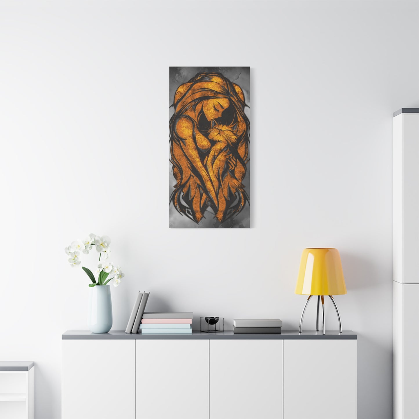A Vertical Canvas Wall Print, Golden Woman Hugging Cat, Home Decor Wall Art, Matte Print, Stretched Canvas, Gift for Cat Lovers, Wall Decor.