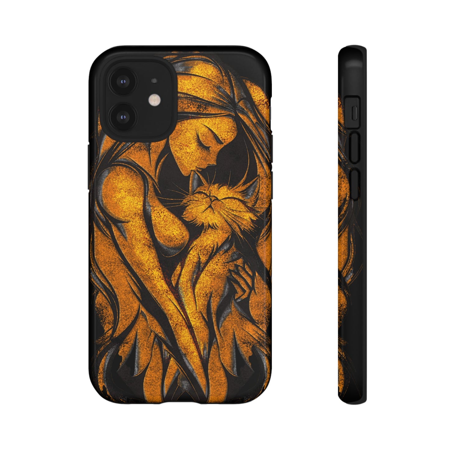 Phone Tough Case, Woman Hugging Cat, Gold on Black, Gift for Cat Lovers, Protective Case, Mobile Accessories