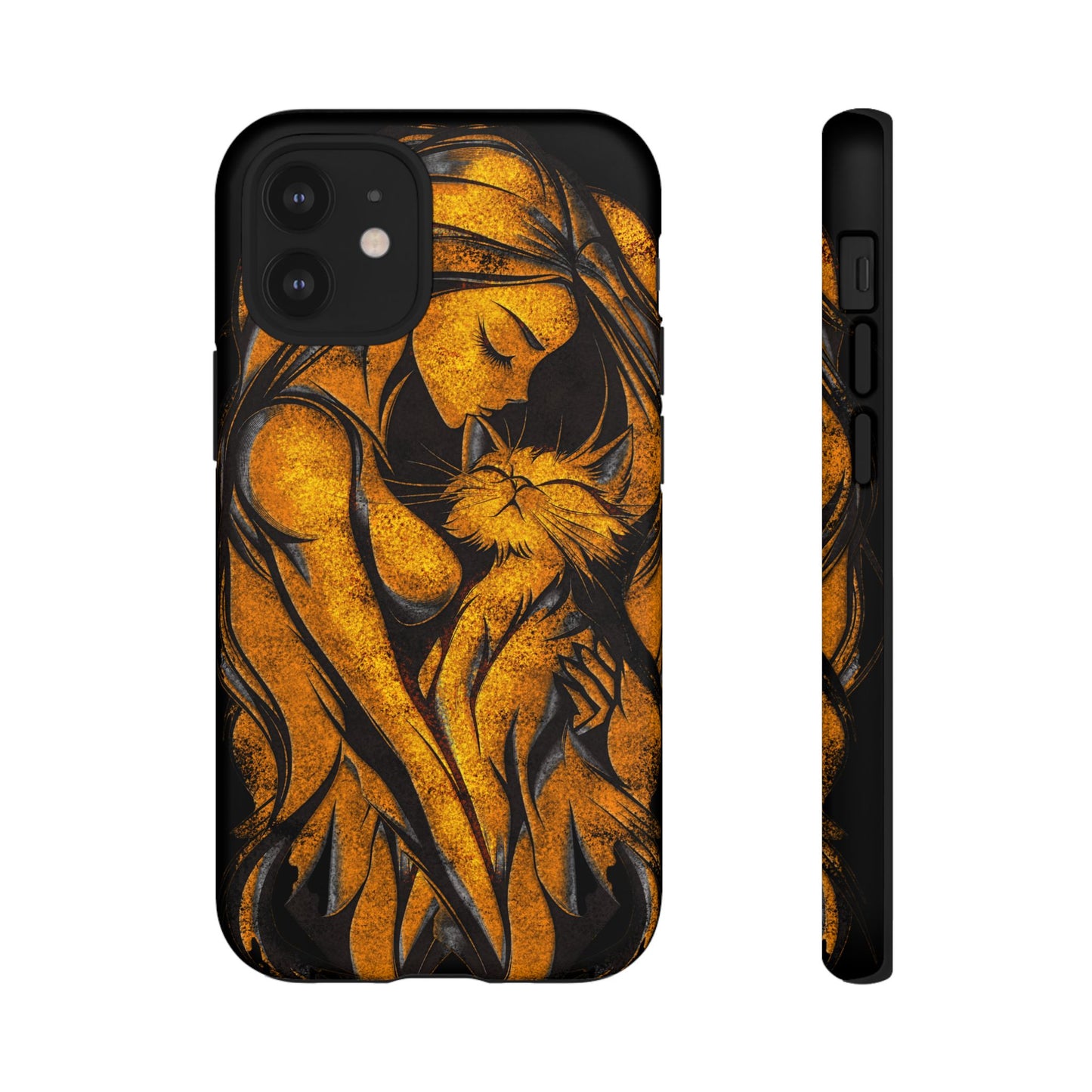 Phone Tough Case, Woman Hugging Cat, Gold on Black, Gift for Cat Lovers, Protective Case, Mobile Accessories