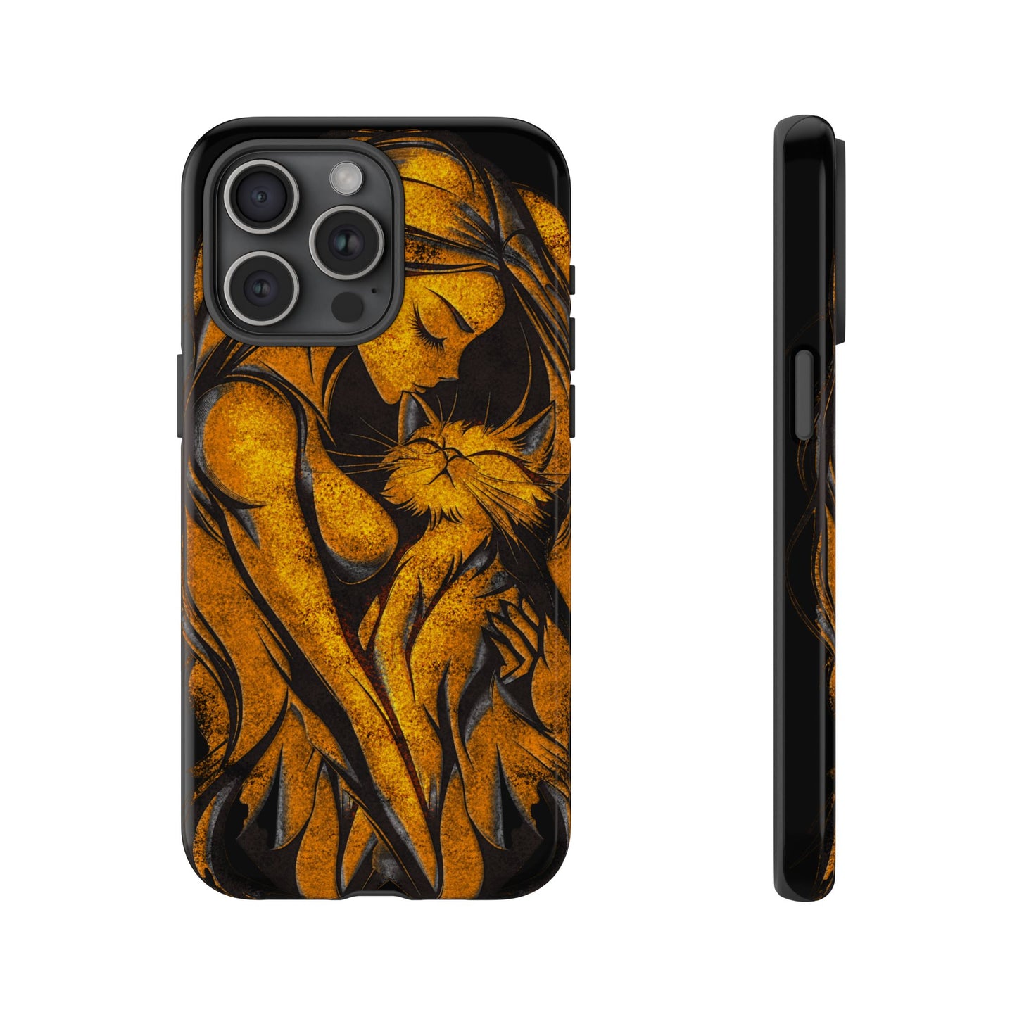 Phone Tough Case, Woman Hugging Cat, Gold on Black, Gift for Cat Lovers, Protective Case, Mobile Accessories