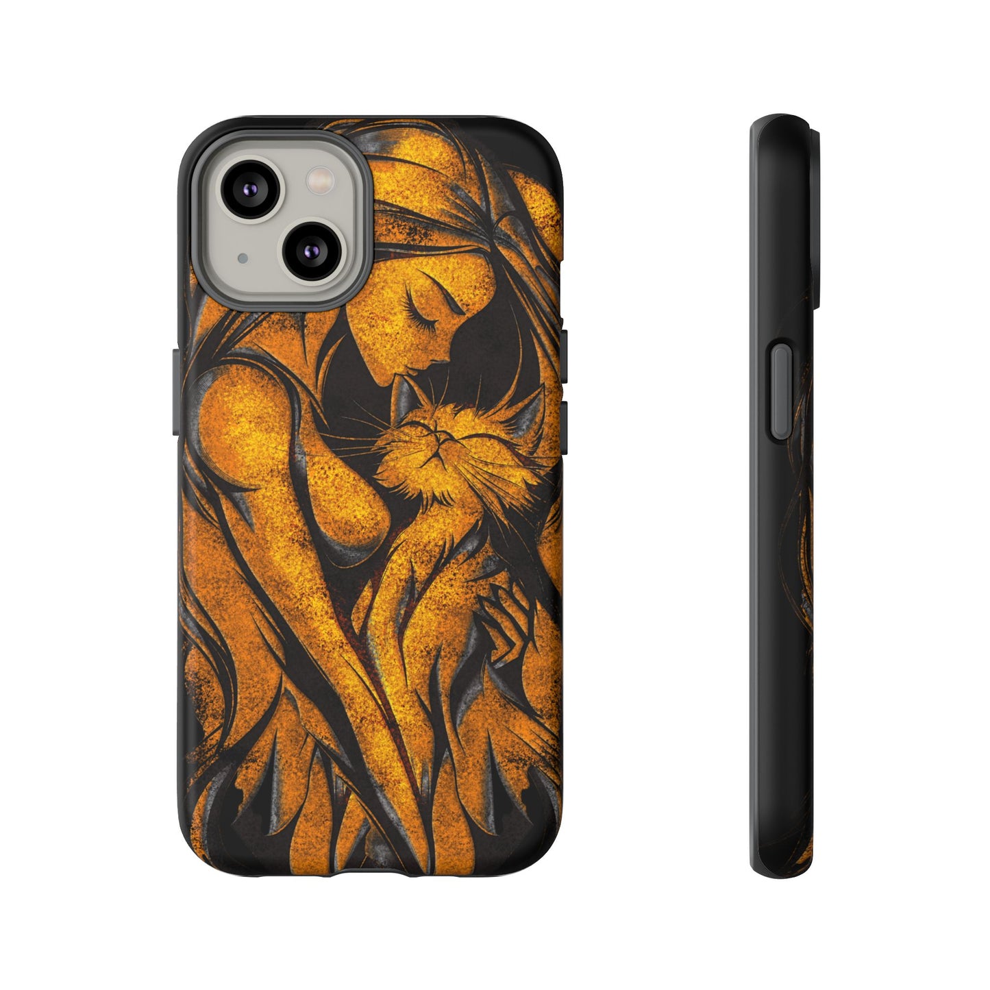 Phone Tough Case, Woman Hugging Cat, Gold on Black, Gift for Cat Lovers, Protective Case, Mobile Accessories