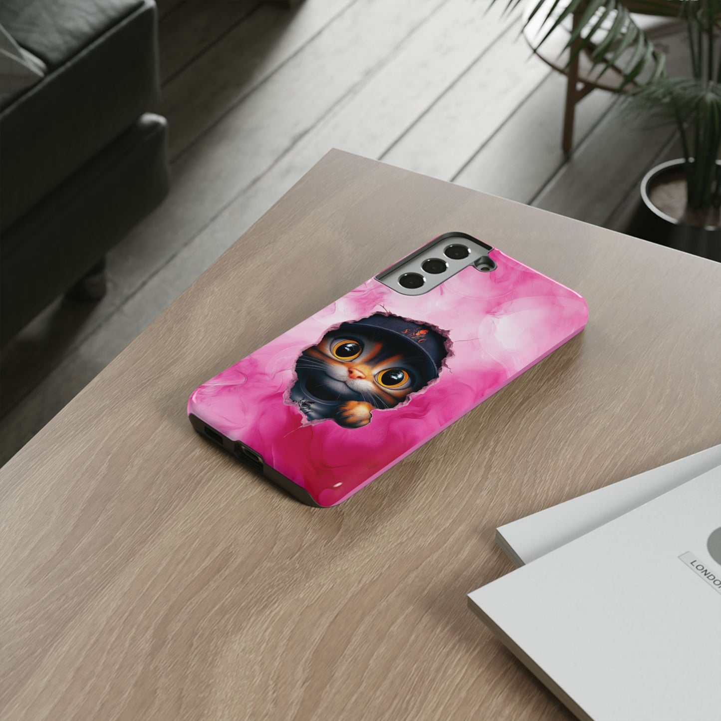 Cat Phone Case, Tough iPhone, Google, Samsung Phone Cover with a Smokey Pink Cat Design, Animal Lover Gift, Cat Phone Case.