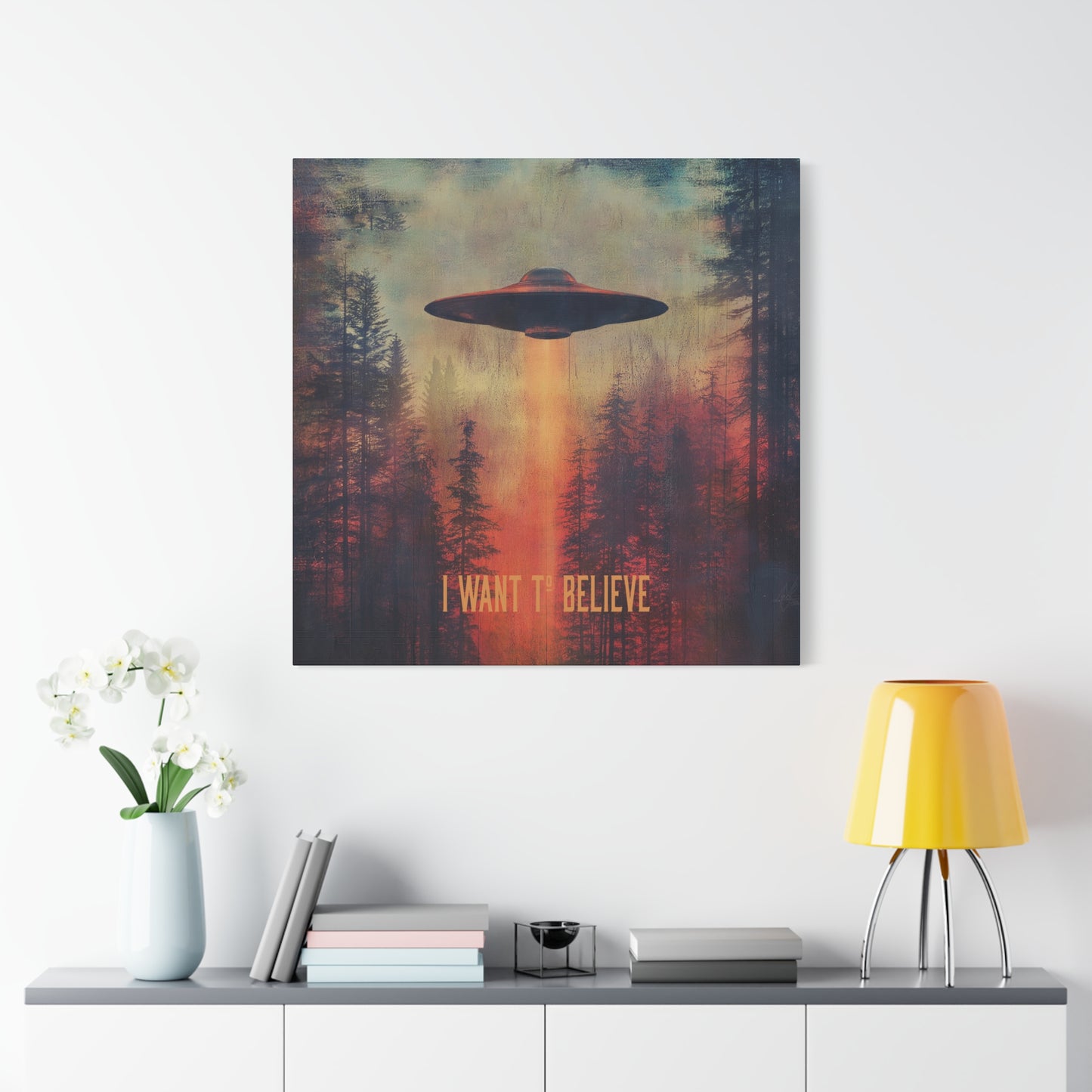 A vertical Canvas Wall Print of - "I Want to Believe" Aliens Sci-Fi Design Theme