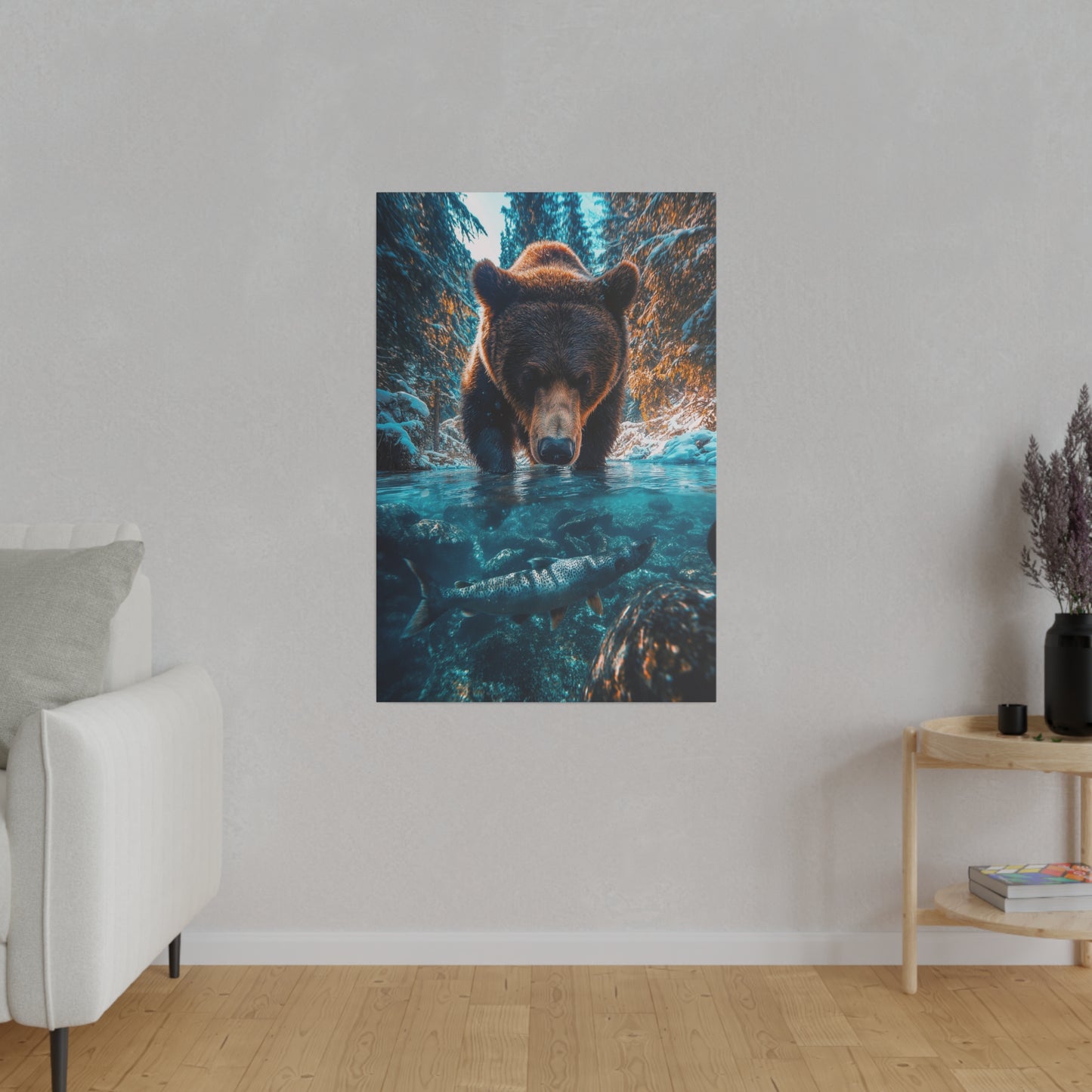 A Vertical Canvas Print of - A Bear Fishing in Winter.