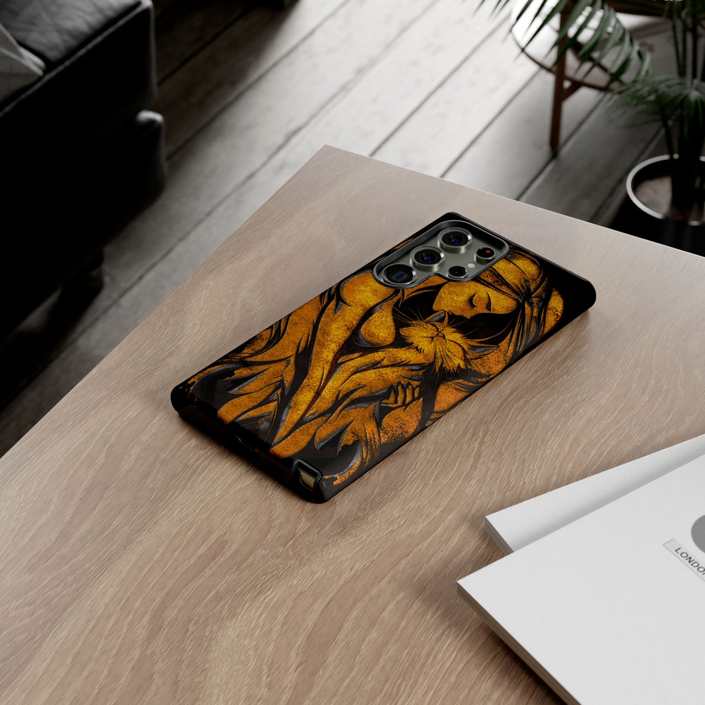 Phone Tough Case, Woman Hugging Cat, Gold on Black, Gift for Cat Lovers, Protective Case, Mobile Accessories