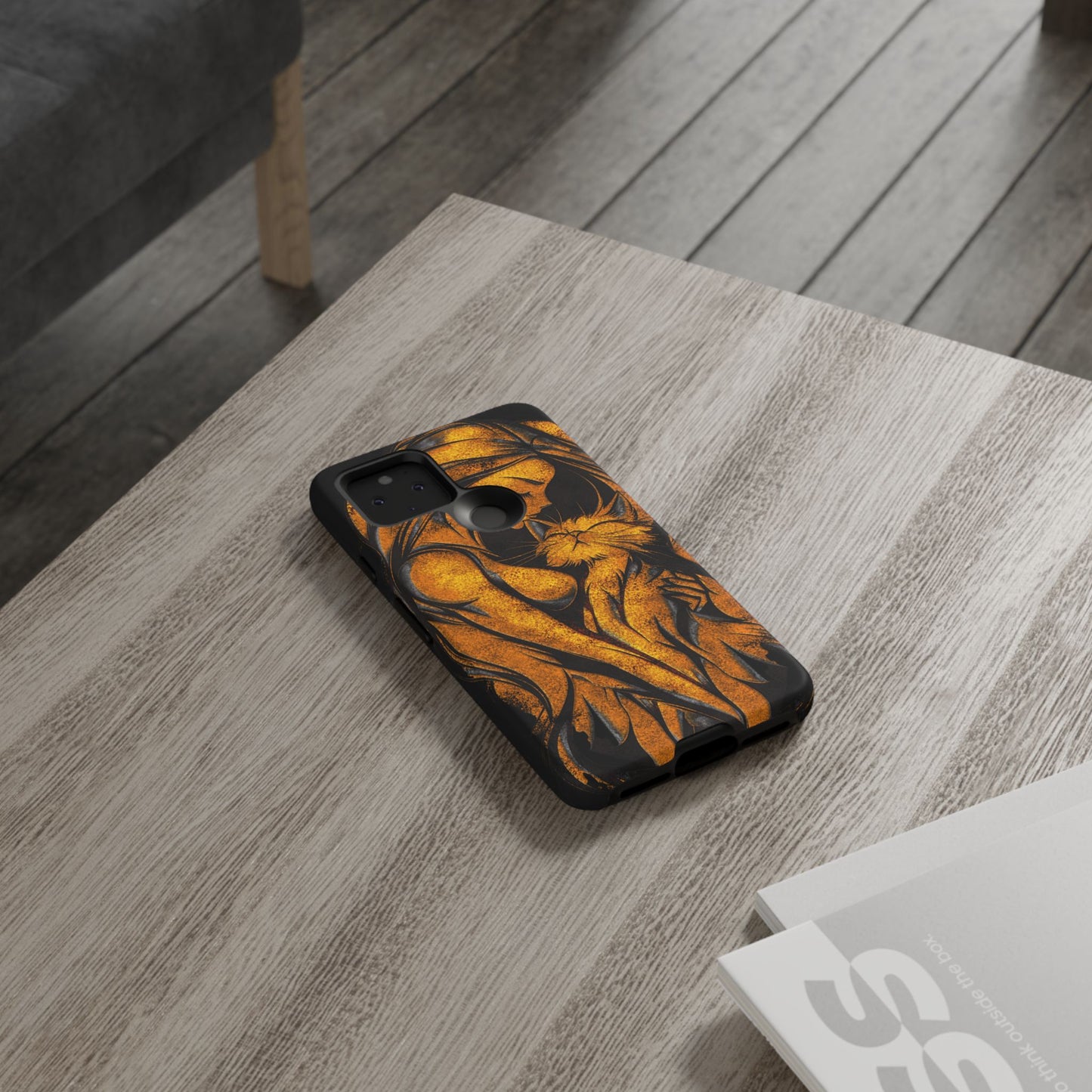 Phone Tough Case, Woman Hugging Cat, Gold on Black, Gift for Cat Lovers, Protective Case, Mobile Accessories