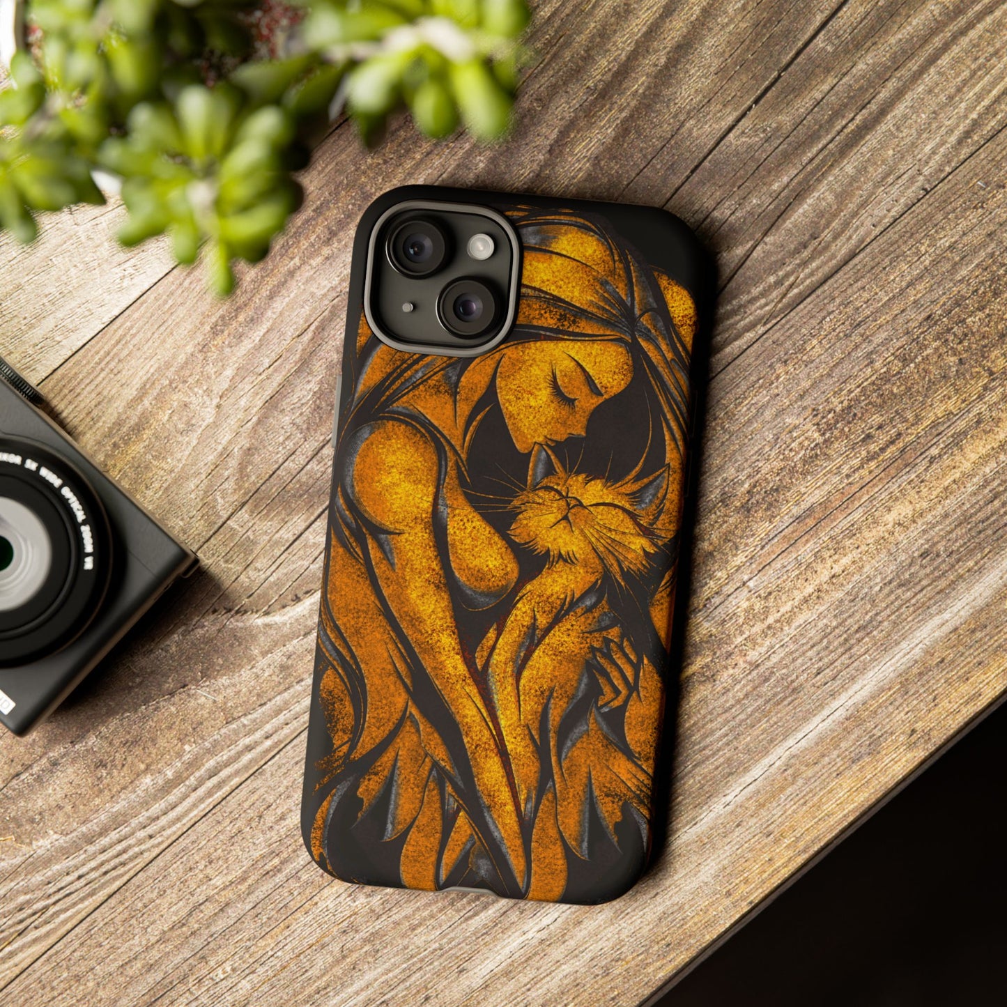Phone Tough Case, Woman Hugging Cat, Gold on Black, Gift for Cat Lovers, Protective Case, Mobile Accessories