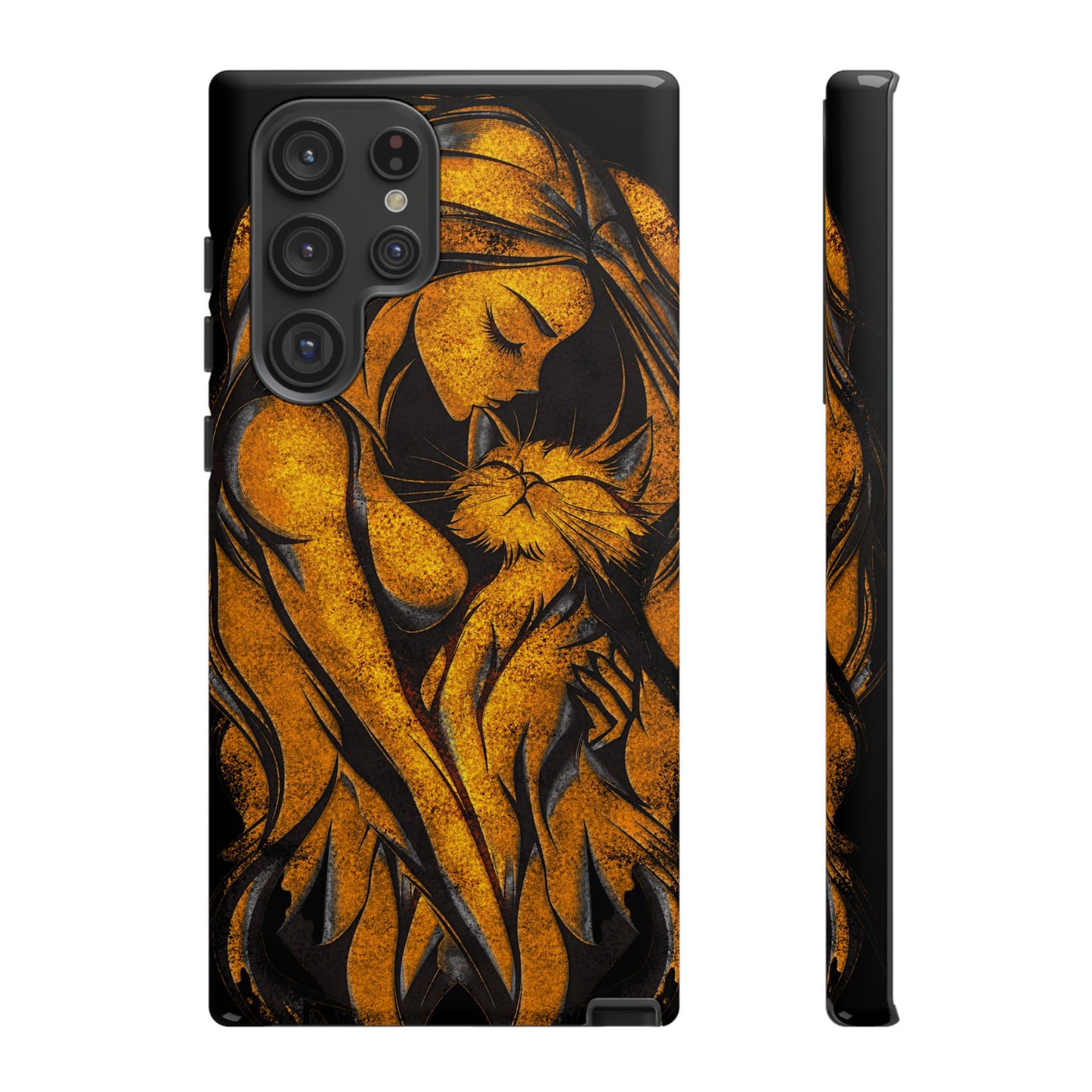 Phone Tough Case, Woman Hugging Cat, Gold on Black, Gift for Cat Lovers, Protective Case, Mobile Accessories