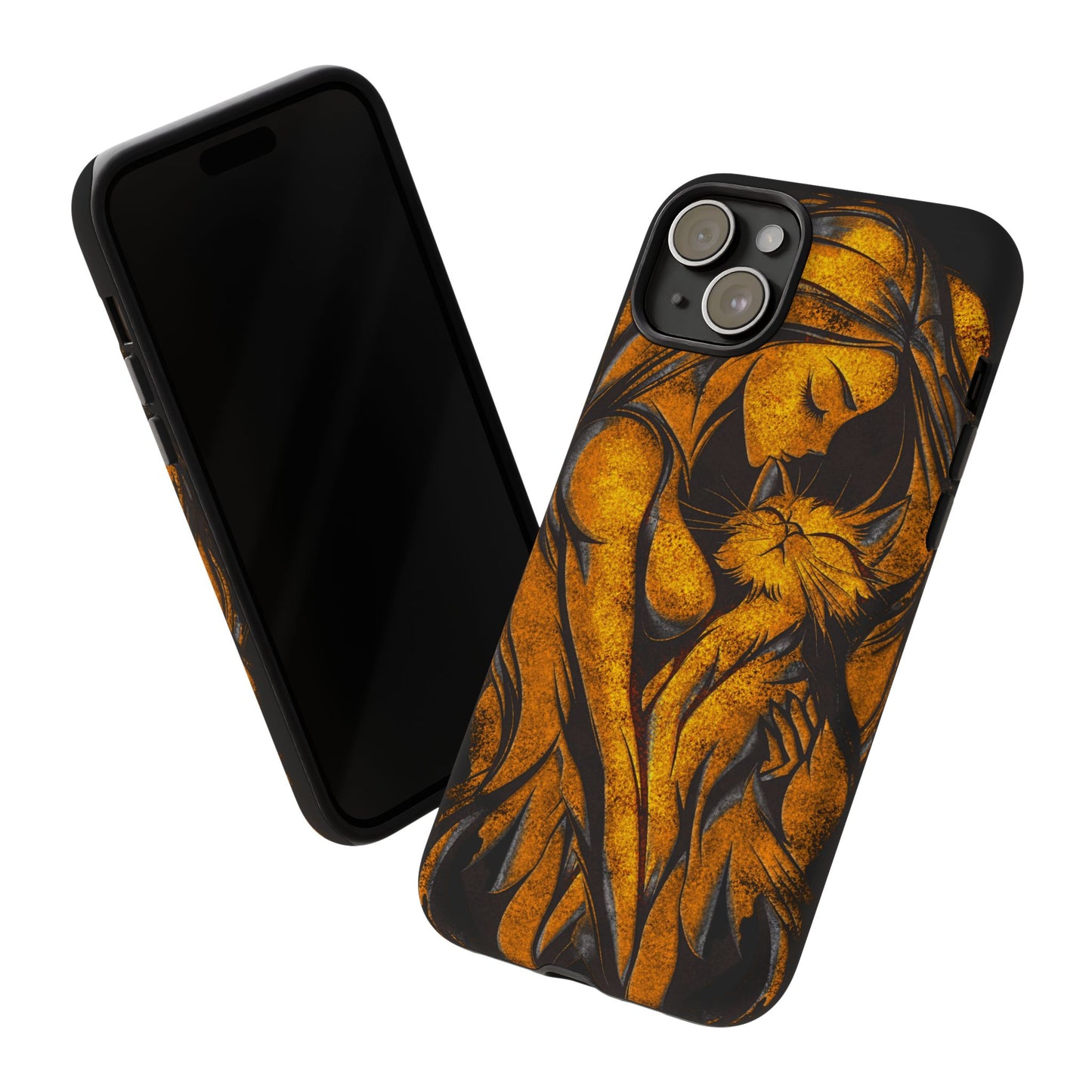 Phone Tough Case, Woman Hugging Cat, Gold on Black, Gift for Cat Lovers, Protective Case, Mobile Accessories