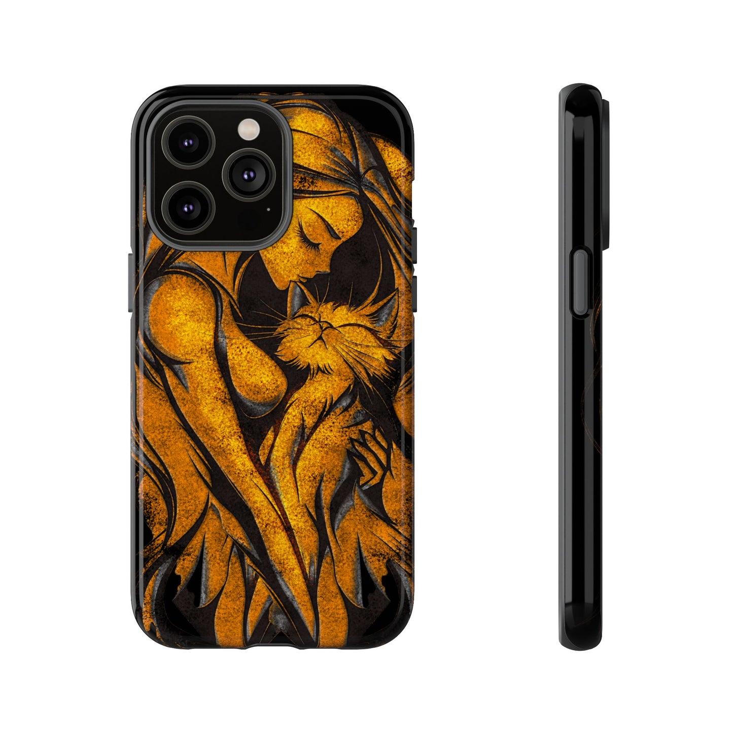 Phone Tough Case, Woman Hugging Cat, Gold on Black, Gift for Cat Lovers, Protective Case, Mobile Accessories