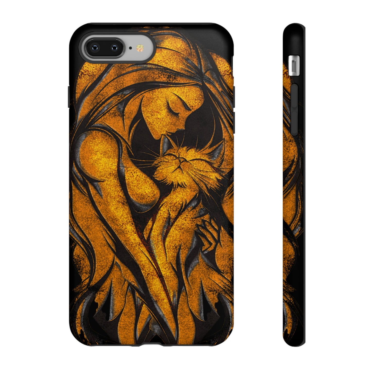 Phone Tough Case, Woman Hugging Cat, Gold on Black, Gift for Cat Lovers, Protective Case, Mobile Accessories