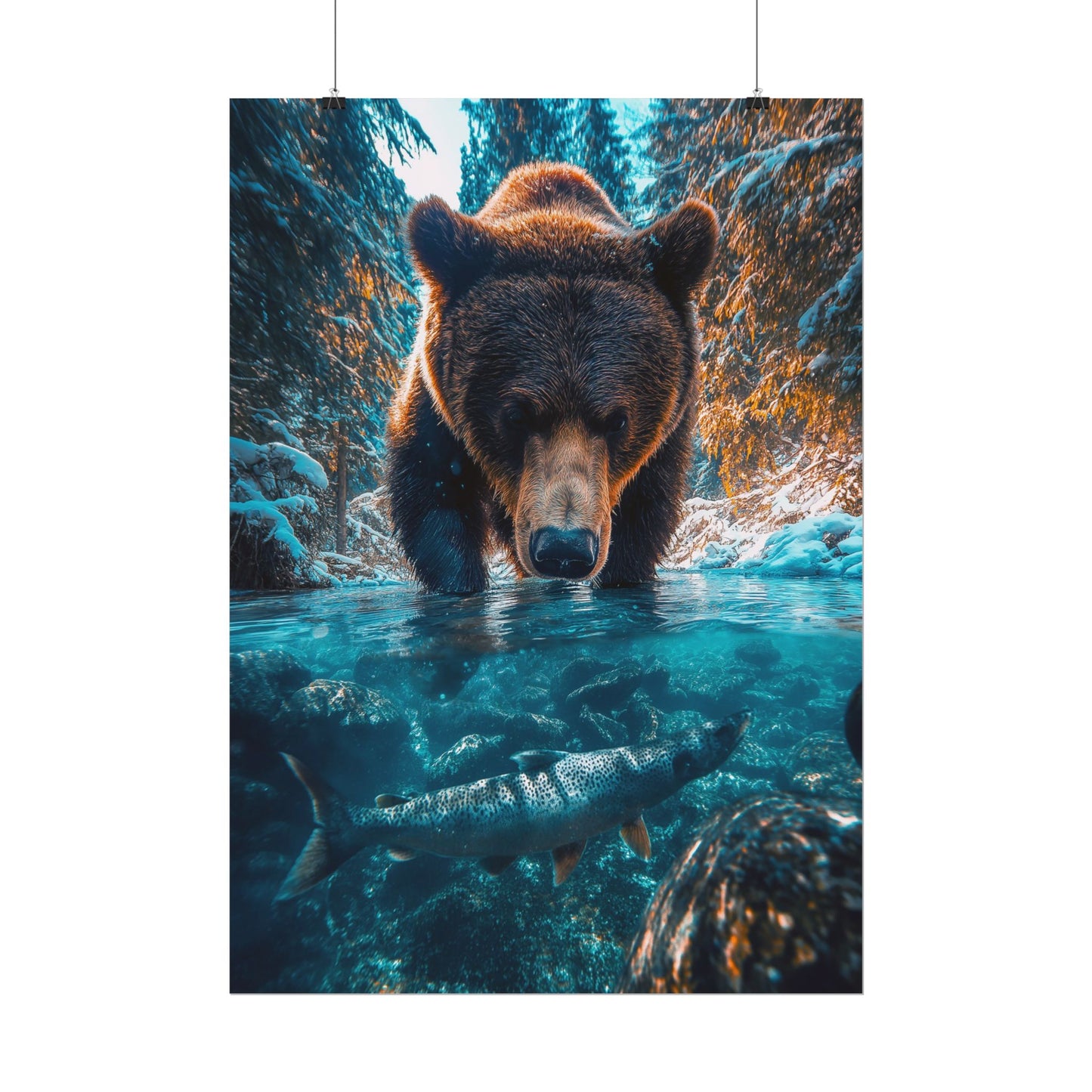 A Vertical Poster Print of - A Bear Fishing in Winter.