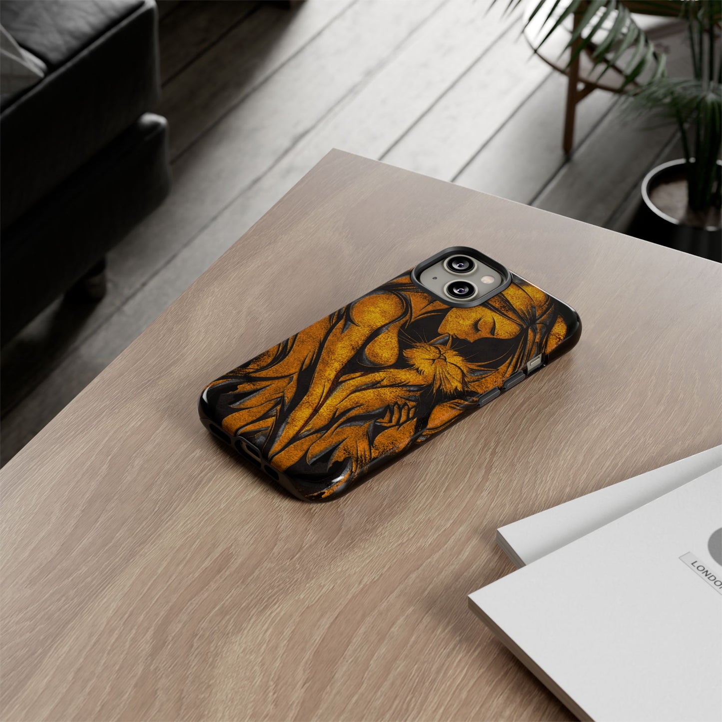 Phone Tough Case, Woman Hugging Cat, Gold on Black, Gift for Cat Lovers, Protective Case, Mobile Accessories