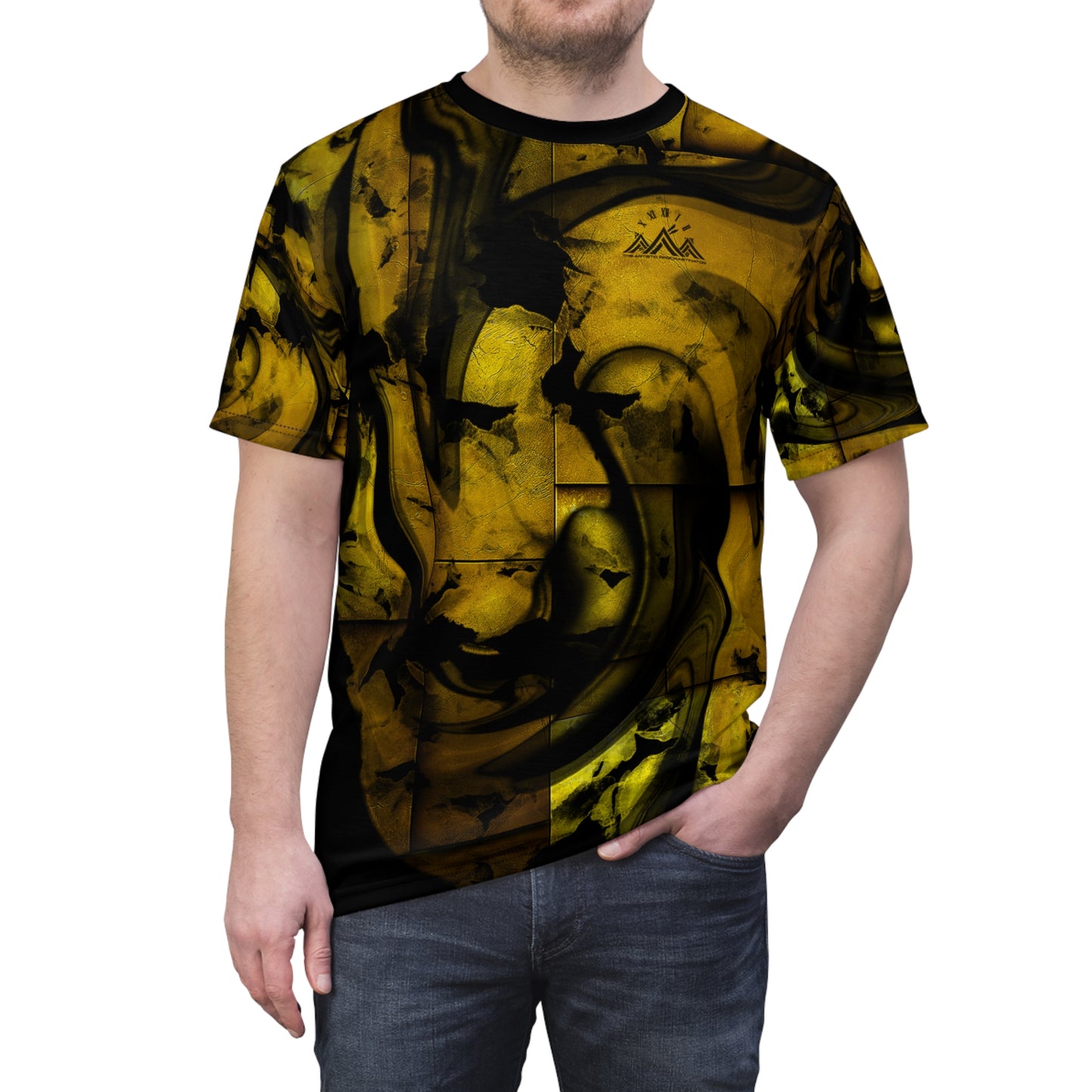 Artistic Golden Unisex Tee, Stylish T-shirt, Abstract Graphic Top, Modern Minimalist Shirt, Fashionable Gender Neutral