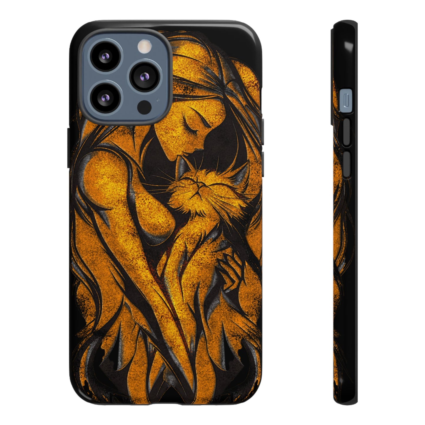 Phone Tough Case, Woman Hugging Cat, Gold on Black, Gift for Cat Lovers, Protective Case, Mobile Accessories
