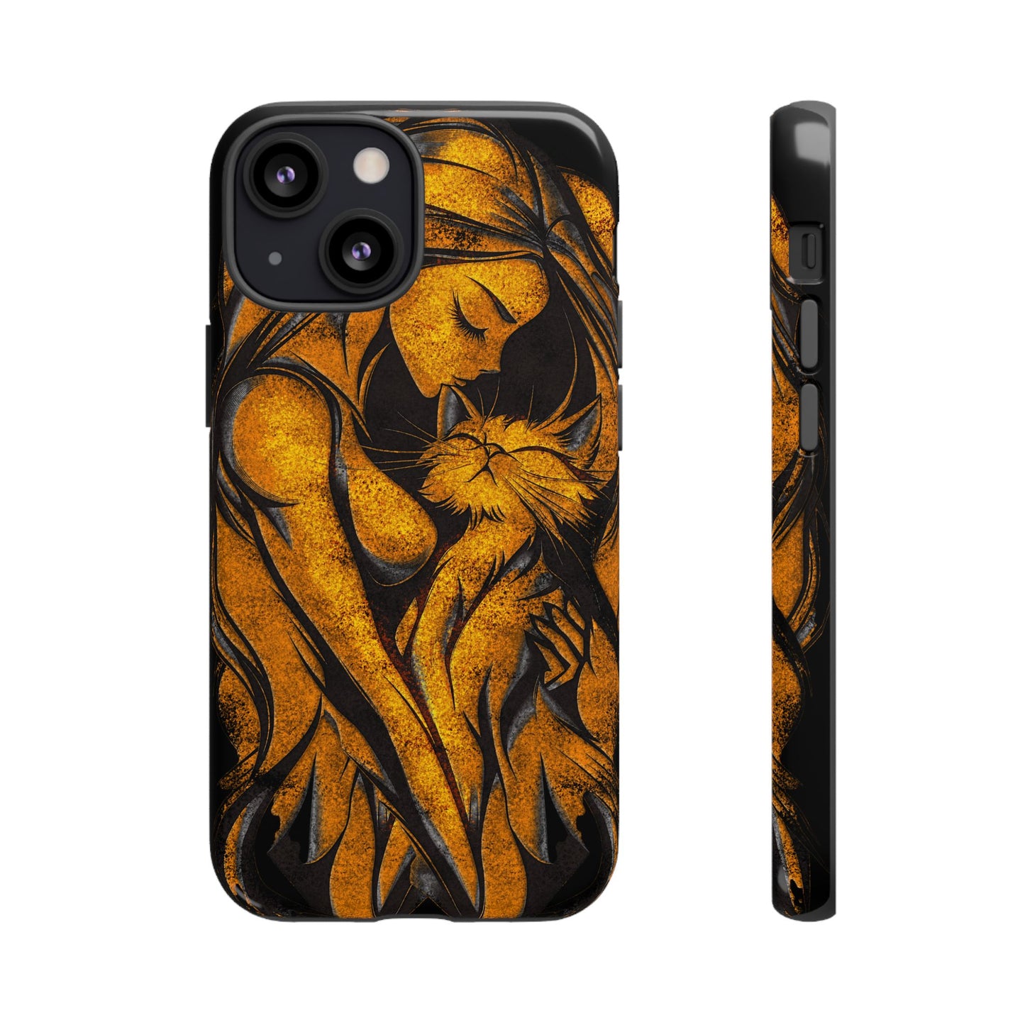 Phone Tough Case, Woman Hugging Cat, Gold on Black, Gift for Cat Lovers, Protective Case, Mobile Accessories