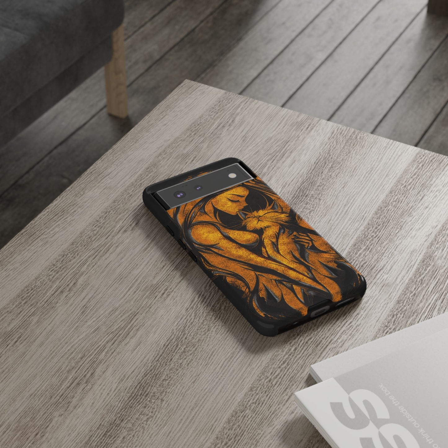 Phone Tough Case, Woman Hugging Cat, Gold on Black, Gift for Cat Lovers, Protective Case, Mobile Accessories
