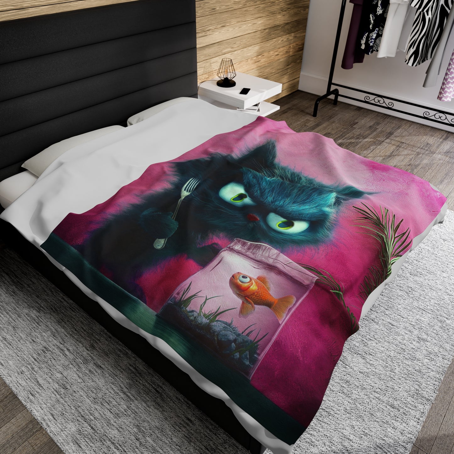 Velveteen Plush Throw Blanket - Cat About to Eat a Fish Design