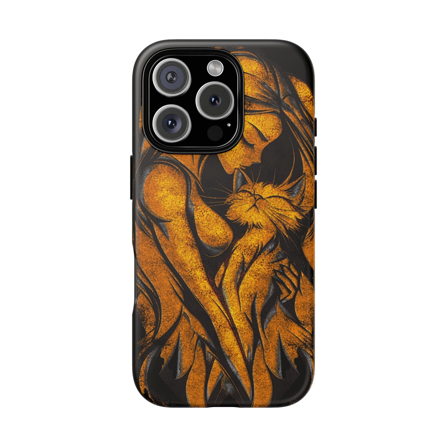 Phone Tough Case, Woman Hugging Cat, Gold on Black, Gift for Cat Lovers, Protective Case, Mobile Accessories