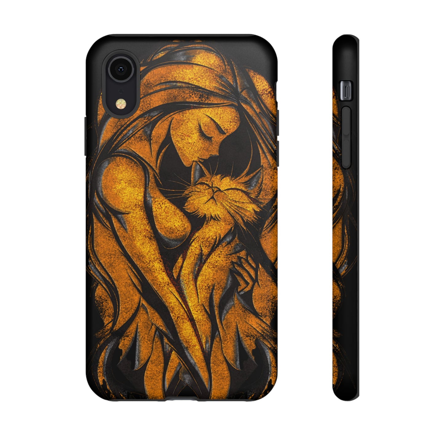 Phone Tough Case, Woman Hugging Cat, Gold on Black, Gift for Cat Lovers, Protective Case, Mobile Accessories
