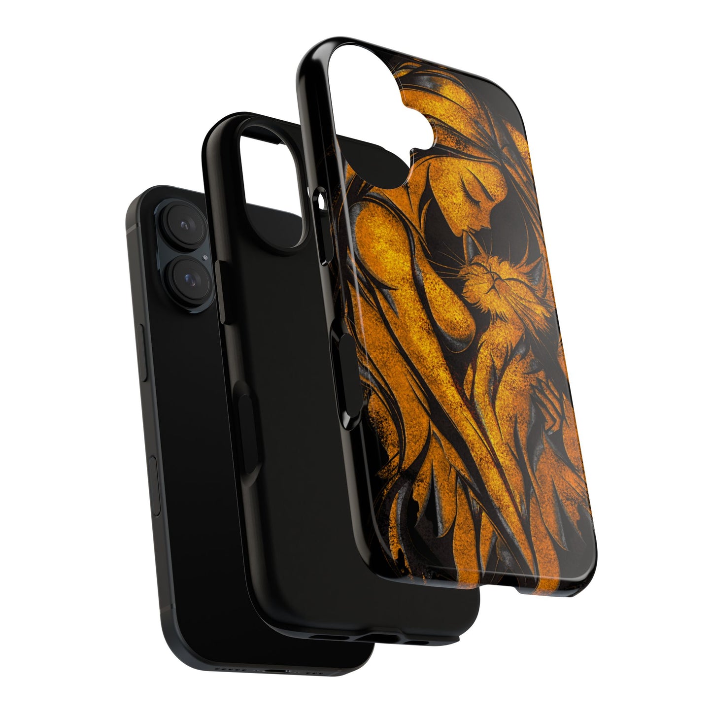 Phone Tough Case, Woman Hugging Cat, Gold on Black, Gift for Cat Lovers, Protective Case, Mobile Accessories