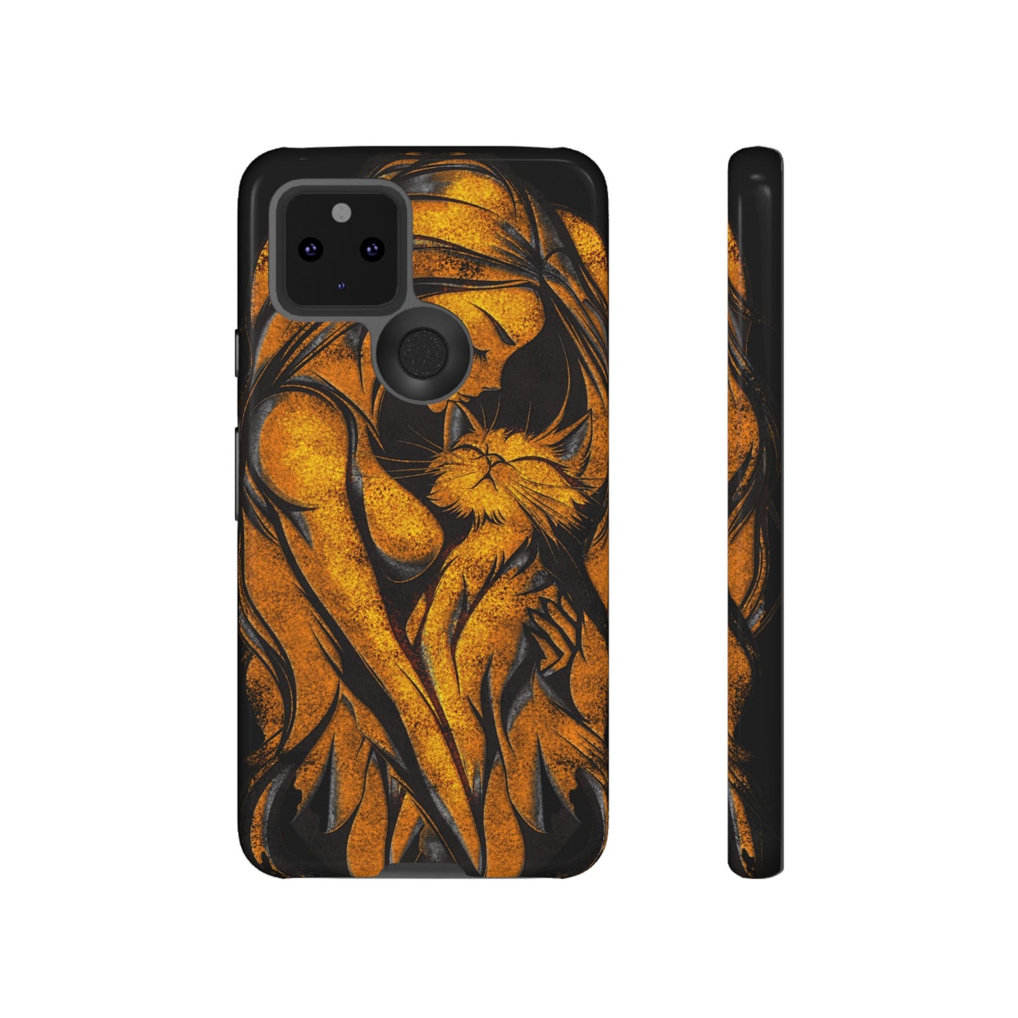 Phone Tough Case, Woman Hugging Cat, Gold on Black, Gift for Cat Lovers, Protective Case, Mobile Accessories