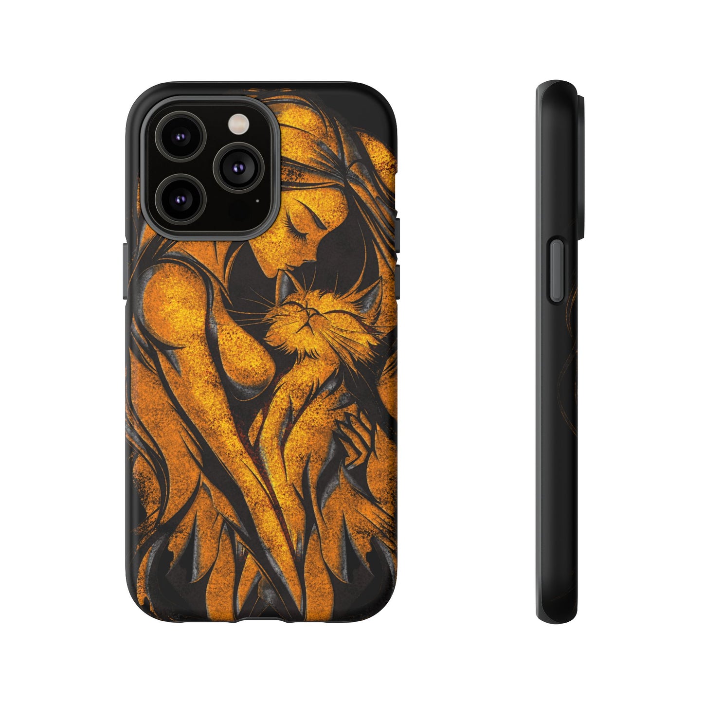 Phone Tough Case, Woman Hugging Cat, Gold on Black, Gift for Cat Lovers, Protective Case, Mobile Accessories