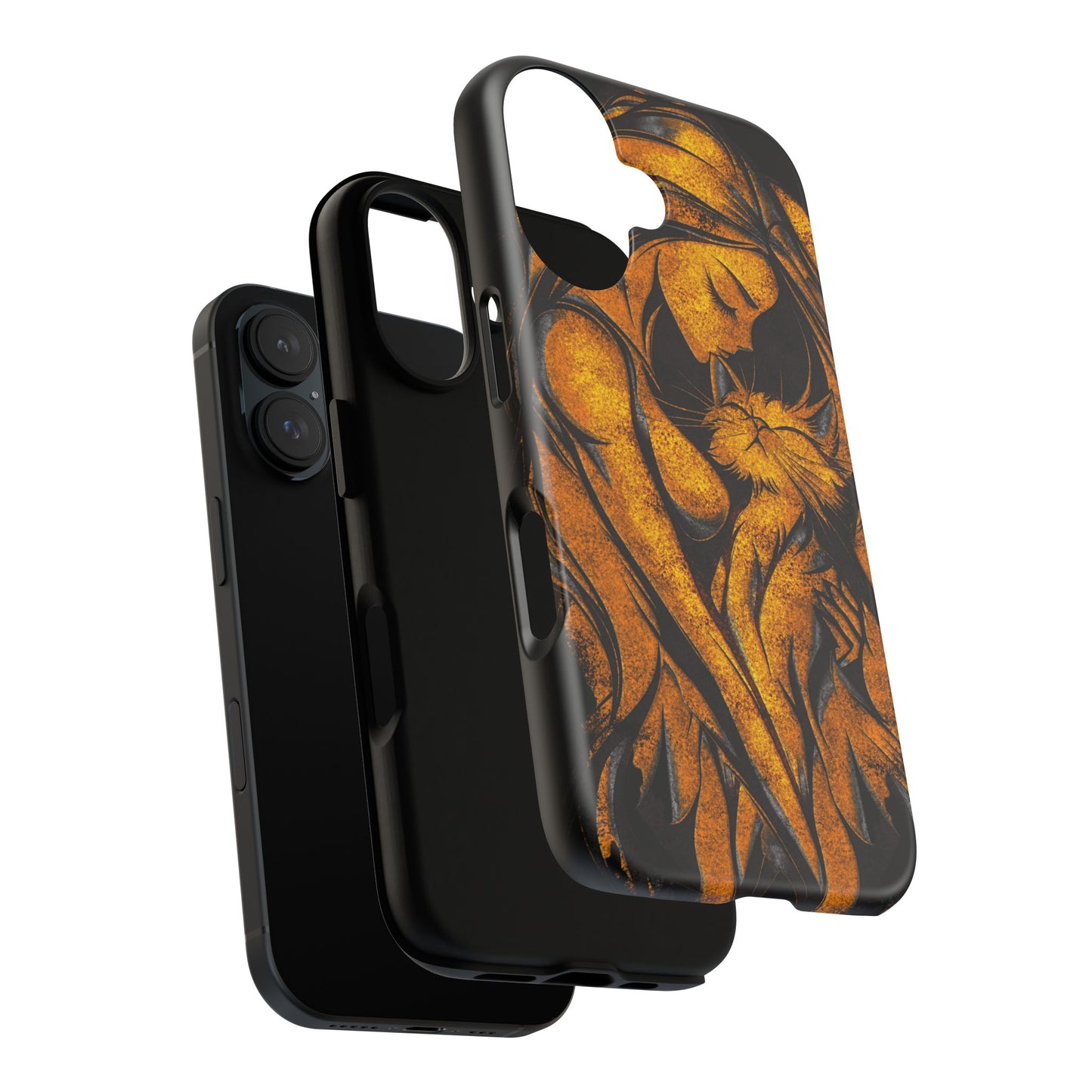 Phone Tough Case, Woman Hugging Cat, Gold on Black, Gift for Cat Lovers, Protective Case, Mobile Accessories